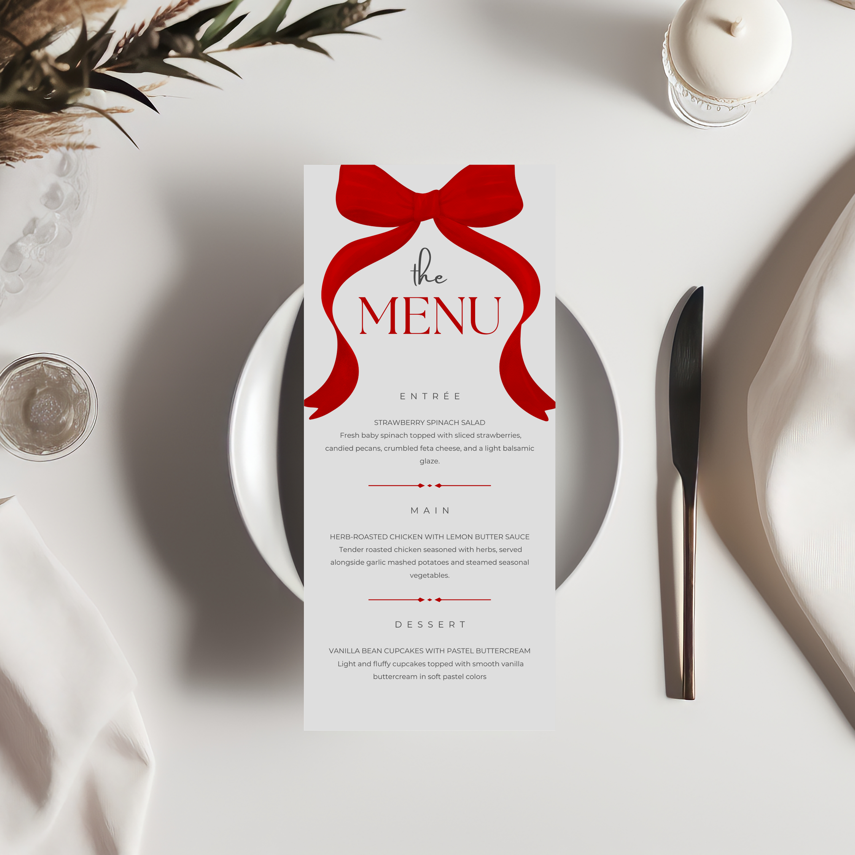 Red Bow Menu Template, Printable Editable Menu 9301