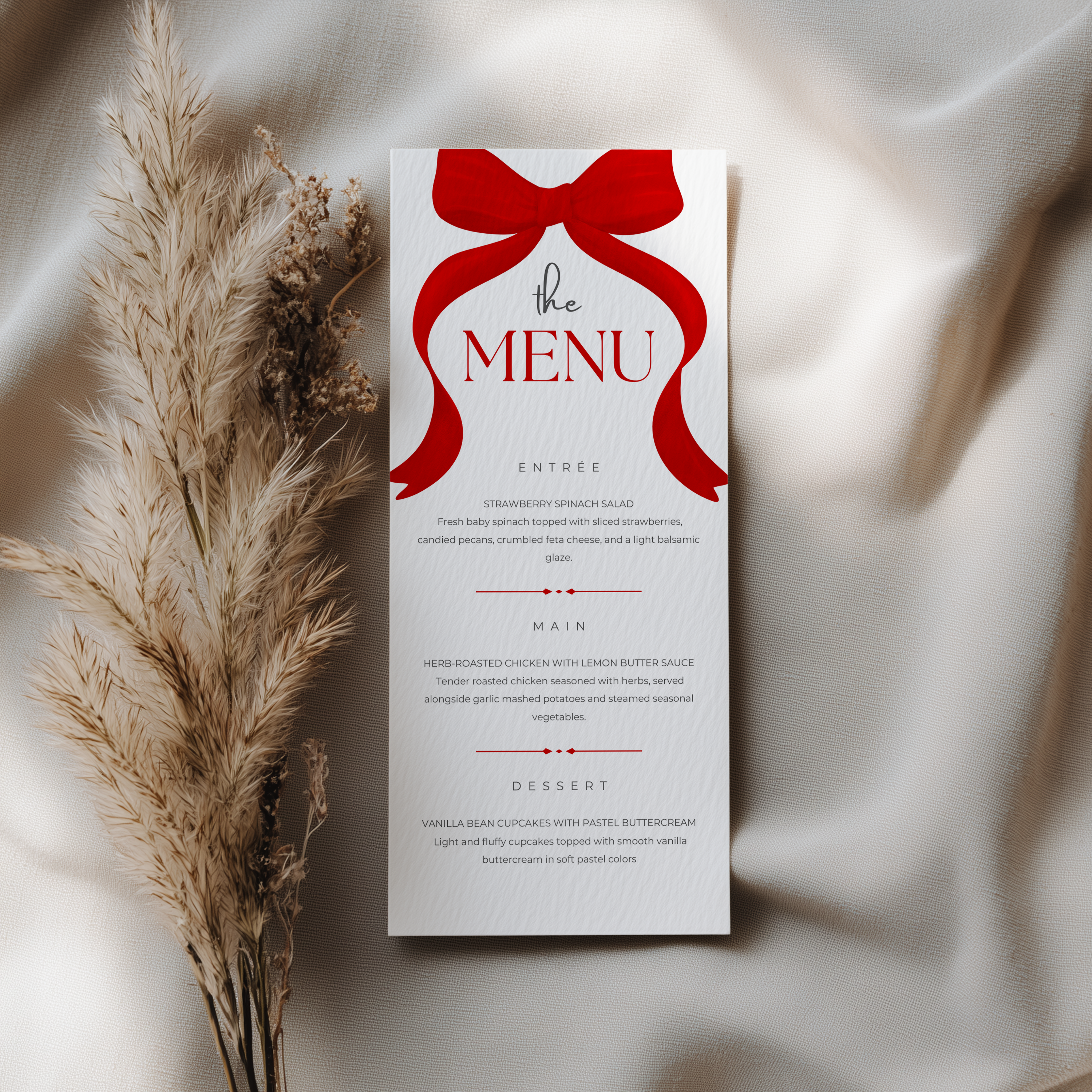 Red Bow Menu Template, Printable Editable Menu 9301