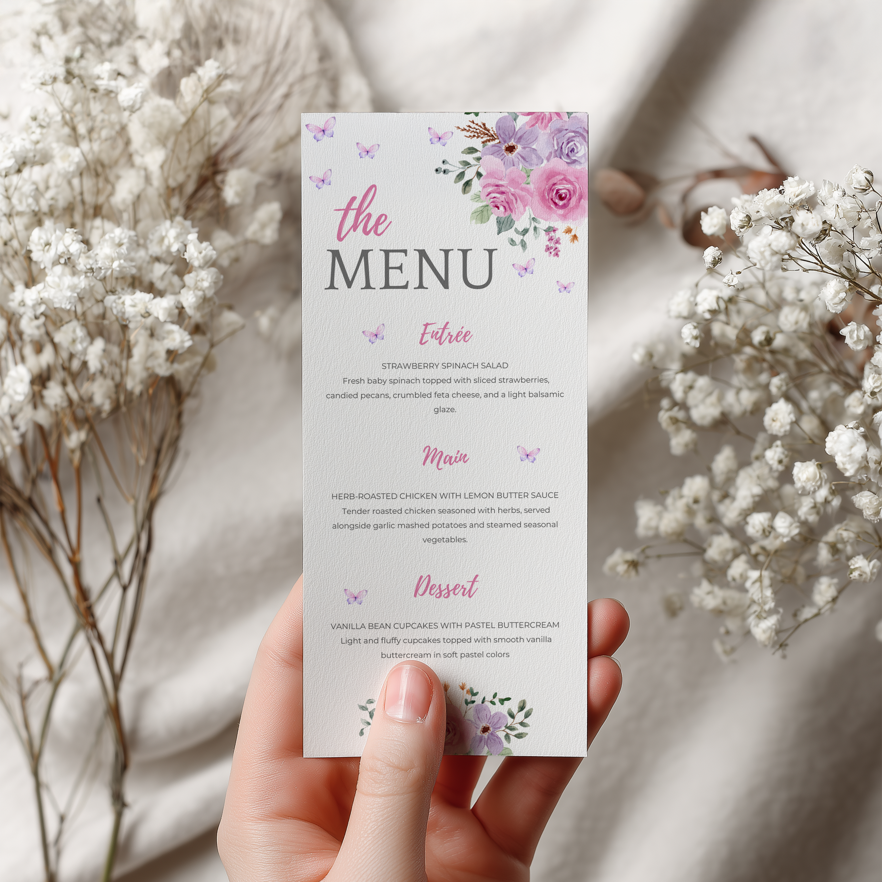 Baby in Bloom Menu Template, Butterfly Baby Shower Printable Editable 9196