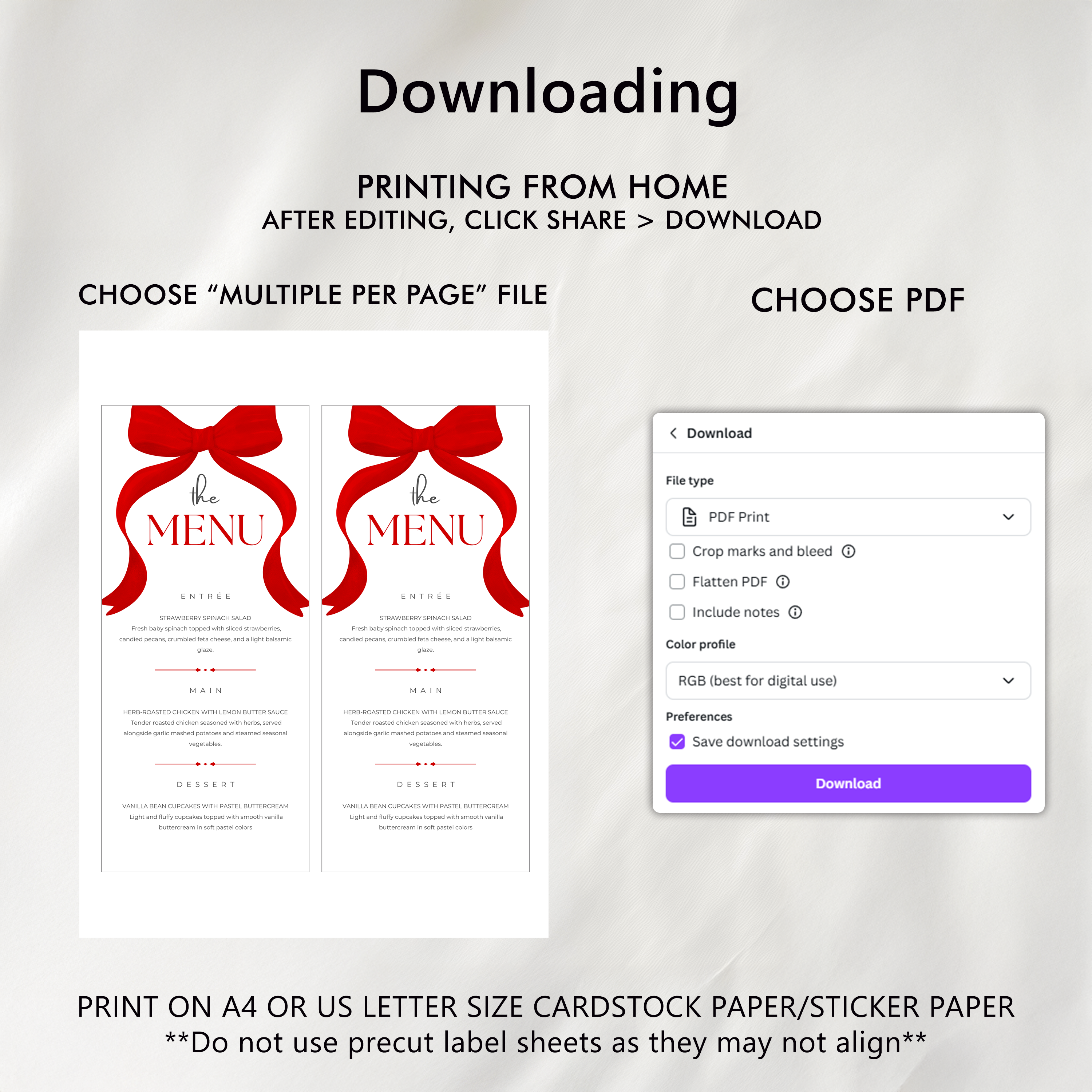 Red Bow Menu Template, Printable Editable Menu 9301