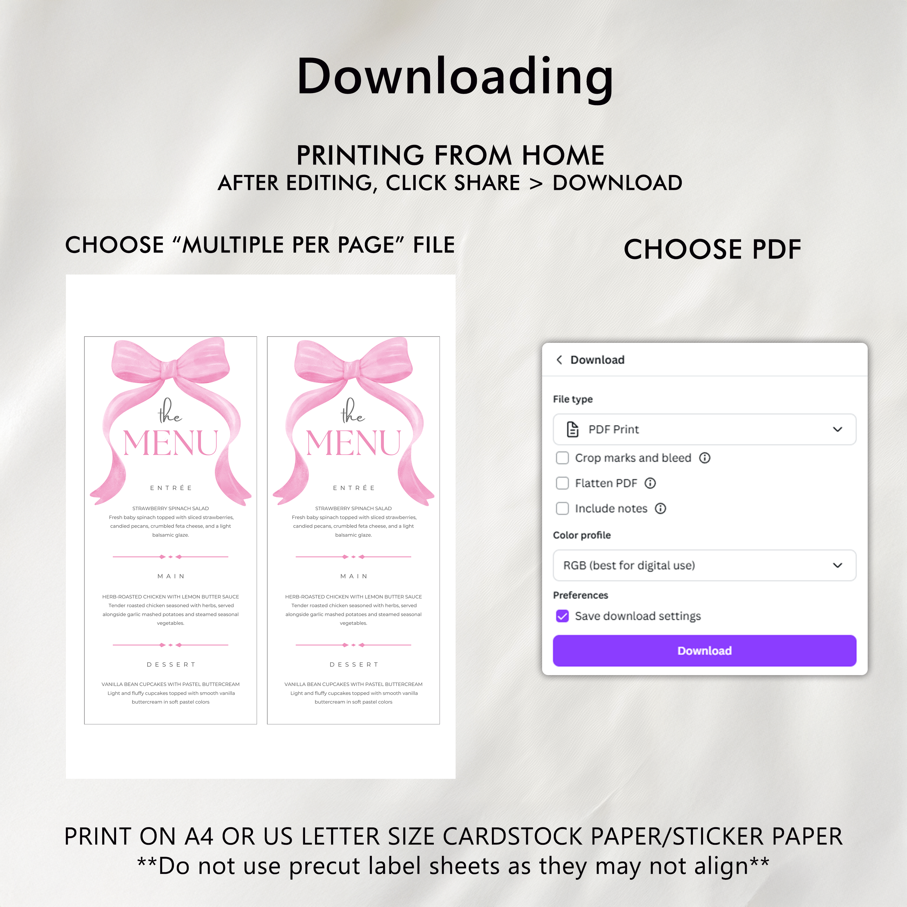 Pink Bow Menu Template, Coquette Printable Editable Menu 9303