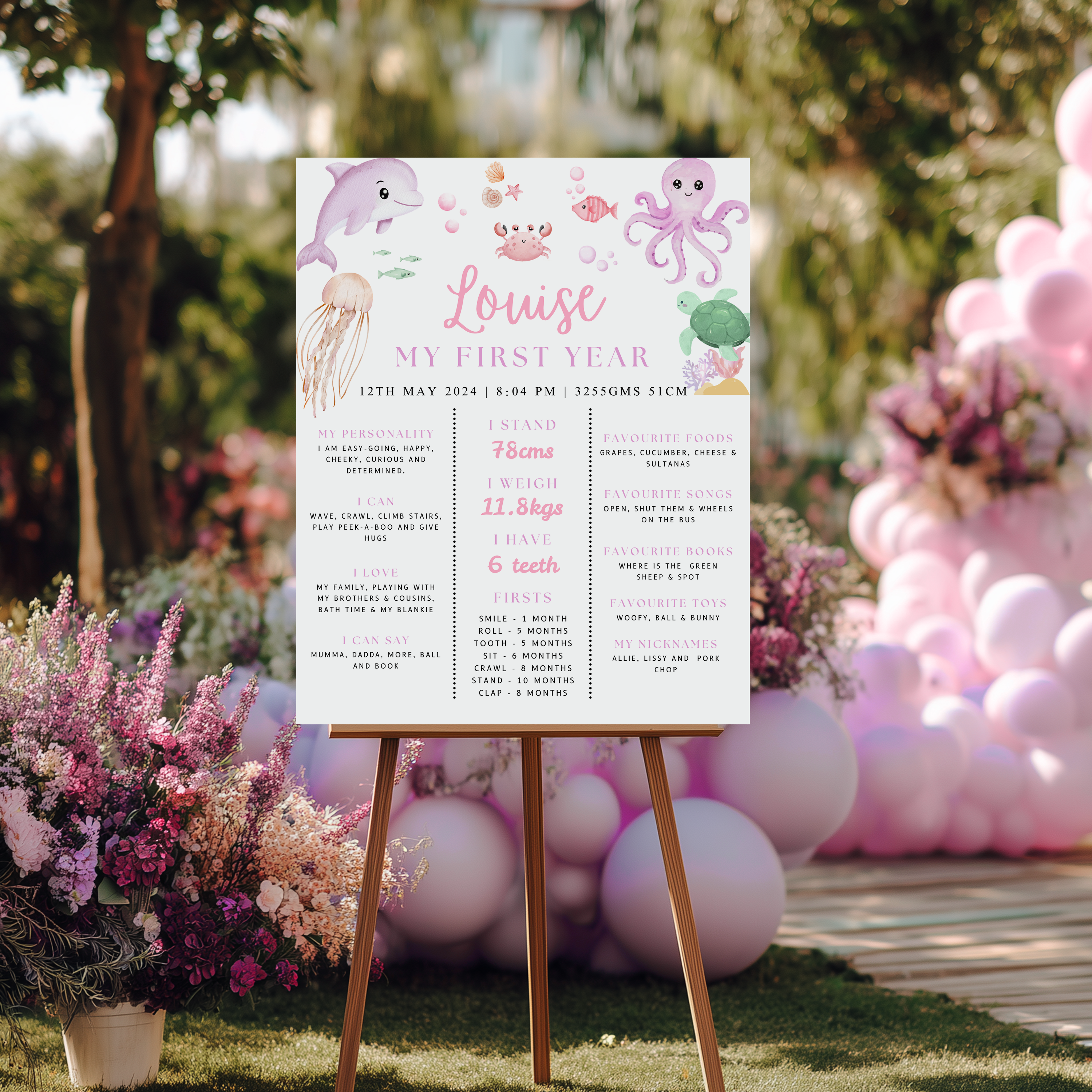 Oneder the sea Birthday Milestone Sign, Under the sea Pink 1st Board 9180