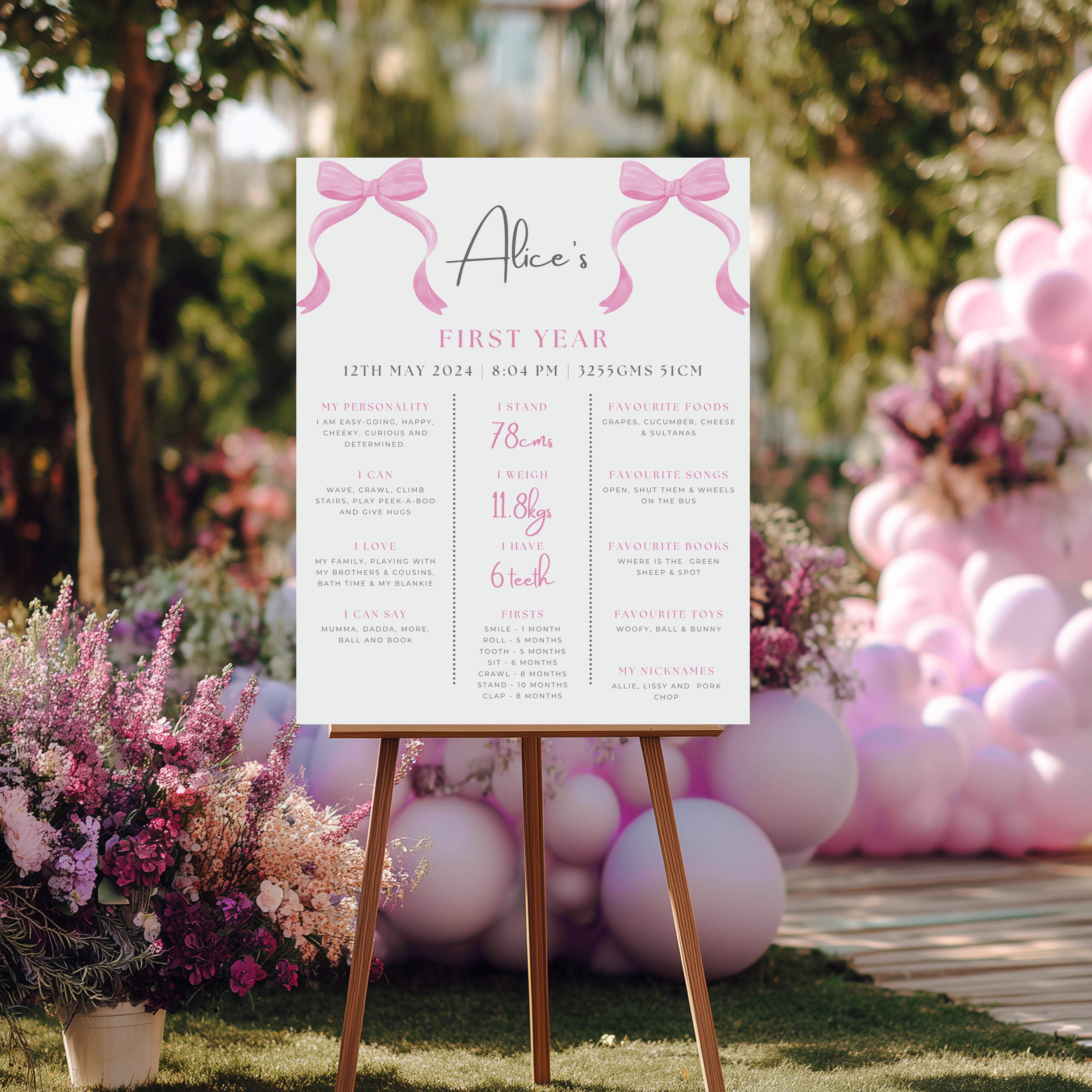 Pink Bow Birthday Milestone Sign, Pink Bow 1st Birthday Milestone Board, Milestone Poster Printable, Baby First Year Pink Bow Girl 9156