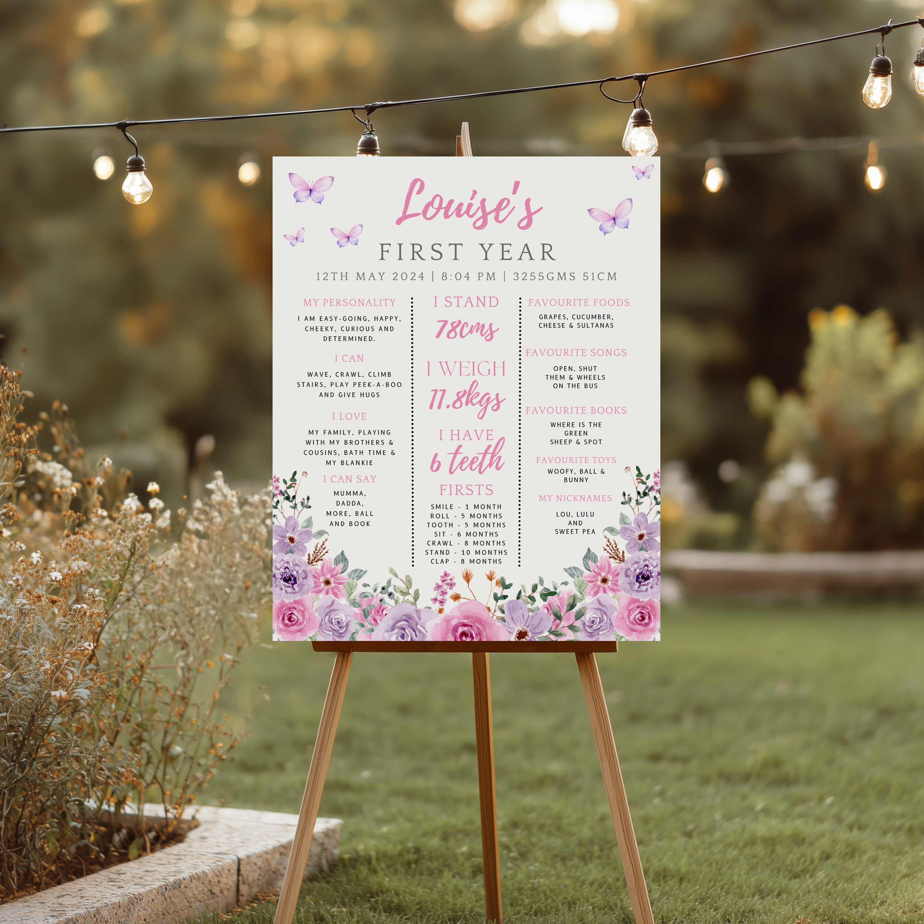 Butterfly Birthday Milestone Sign, Purple Flowers 1st Milestone Board 9194