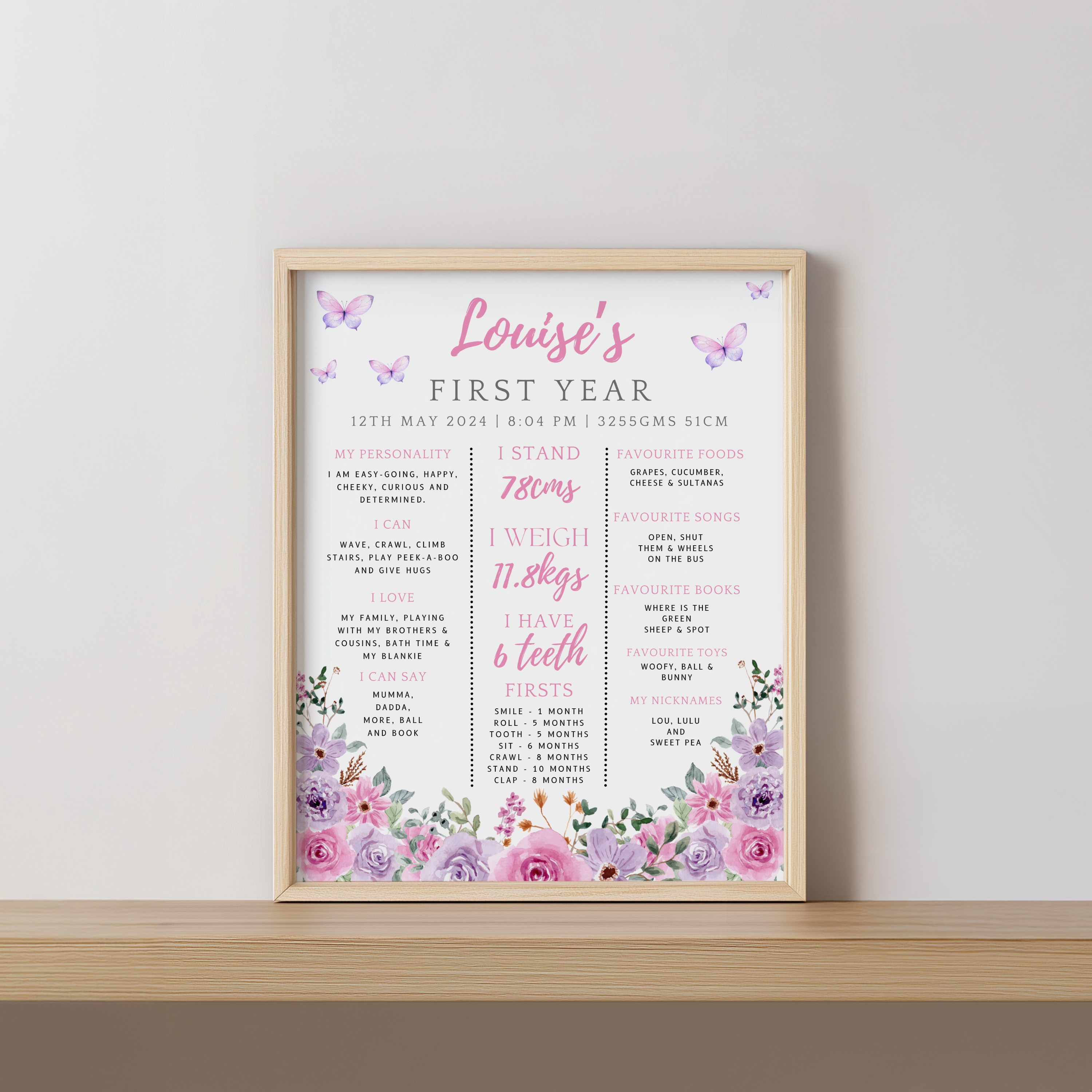 Butterfly Birthday Milestone Sign, Purple Flowers 1st Milestone Board 9194