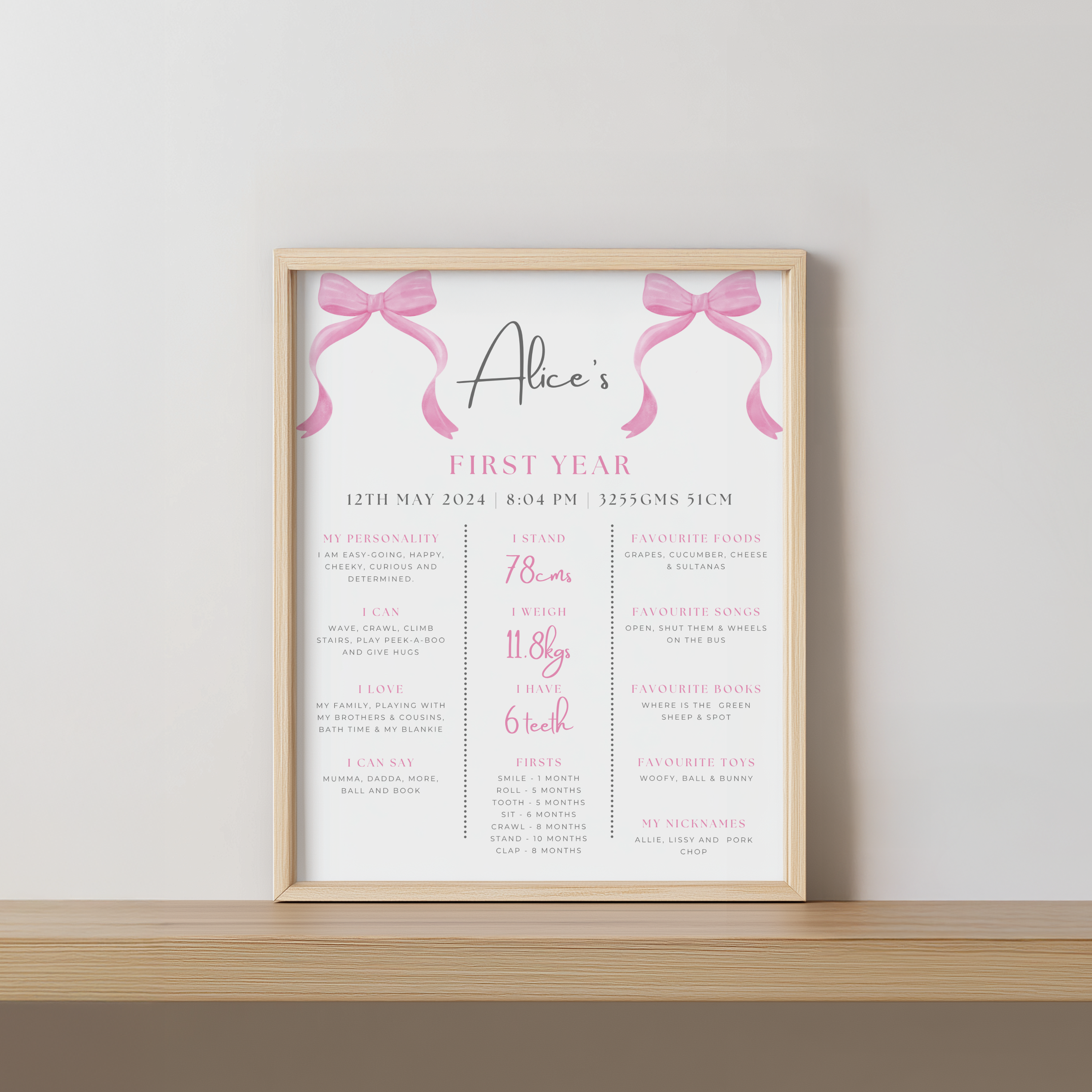 Pink Bow Birthday Milestone Sign, Pink Bow 1st Birthday Milestone Board, Milestone Poster Printable, Baby First Year Pink Bow Girl 9156