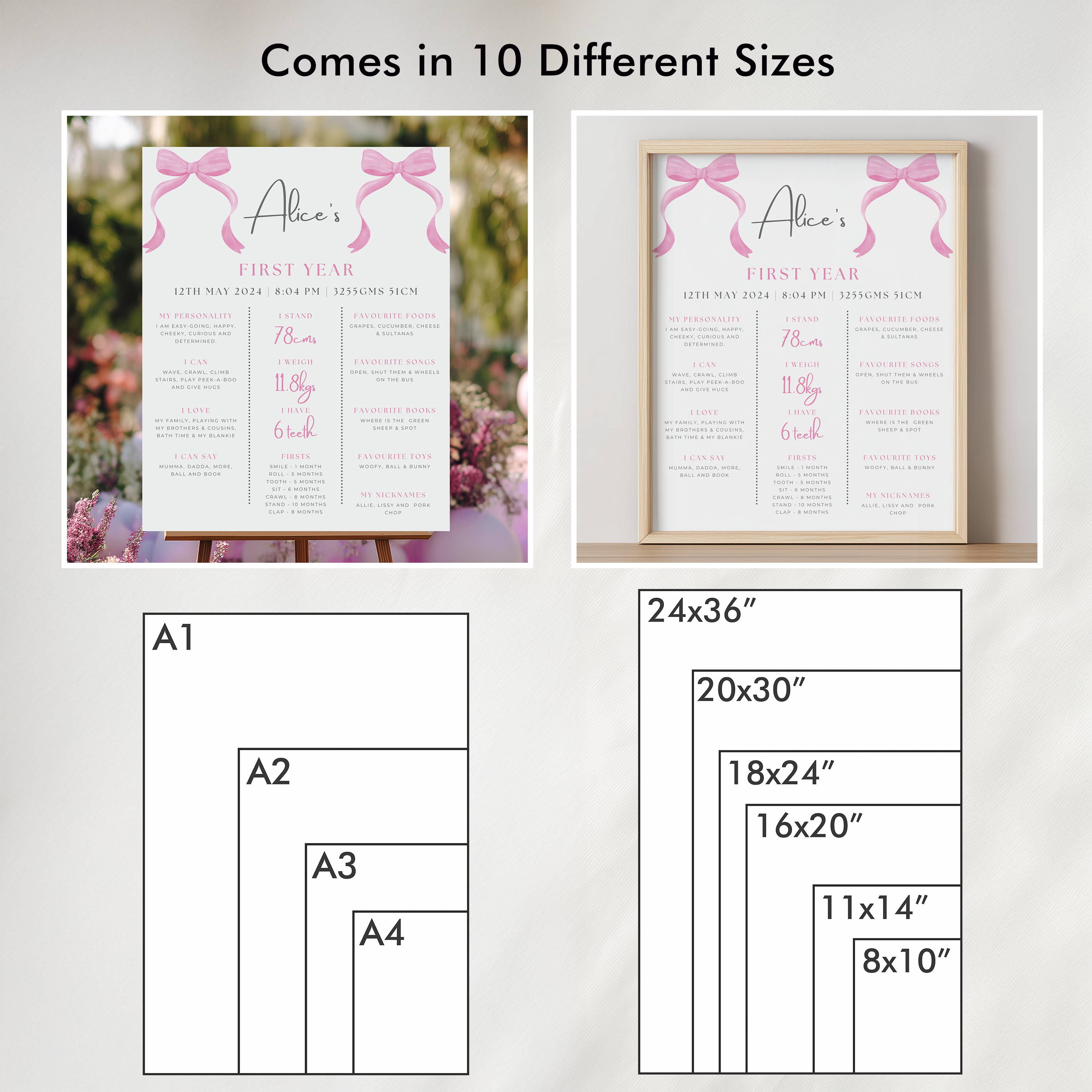 Pink Bow Birthday Milestone Sign, Pink Bow 1st Birthday Milestone Board, Milestone Poster Printable, Baby First Year Pink Bow Girl 9156
