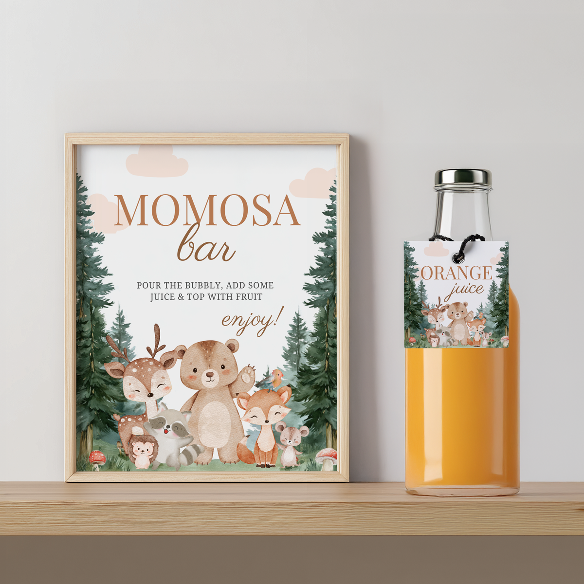 Woodland Mimosa Bar Sign, Woodland Momosa Bar Baby Shower Juice Tags