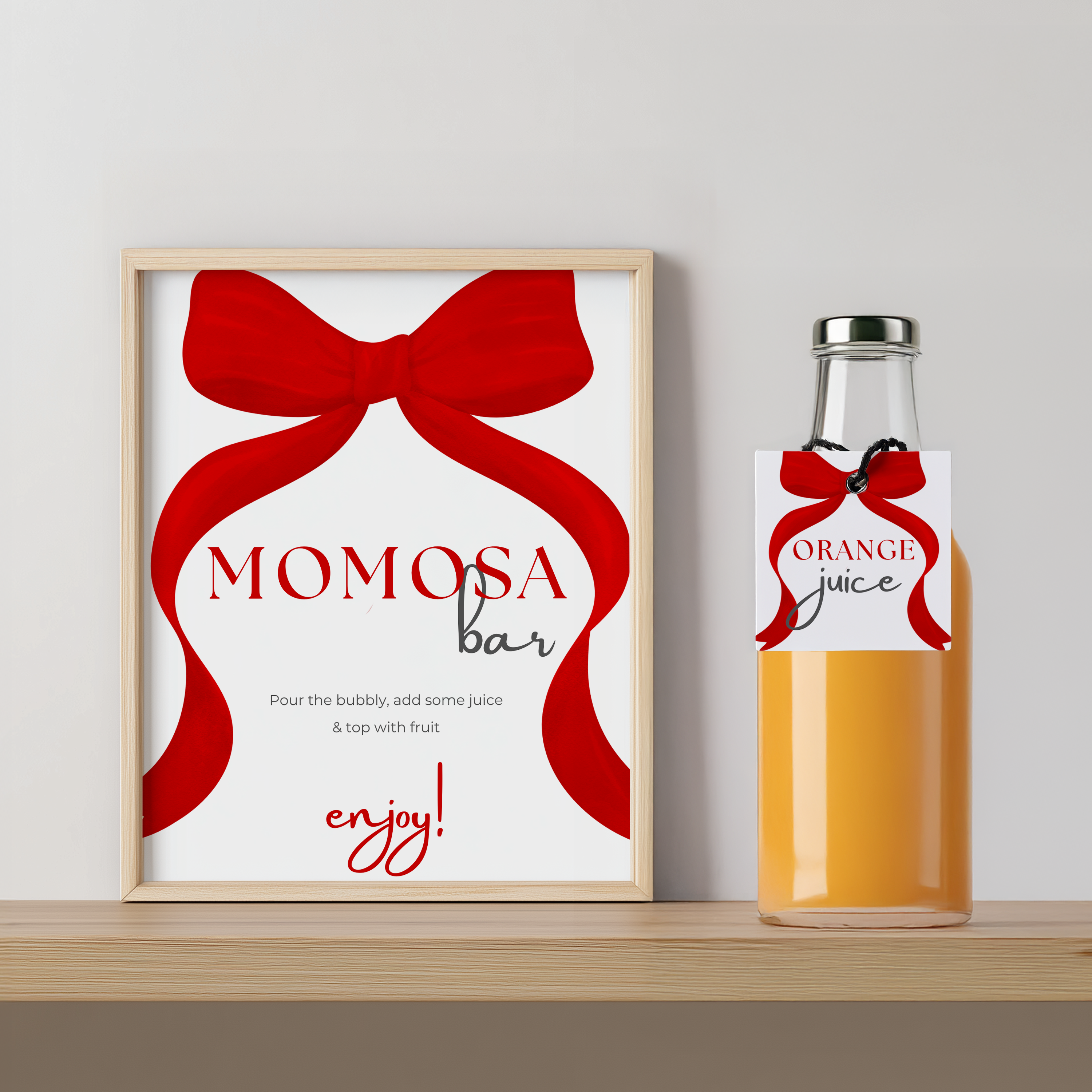 Red Bow Mimosa Bar Sign, Gender Neutral, Momosa Bar Baby Shower Juice Tags 9301