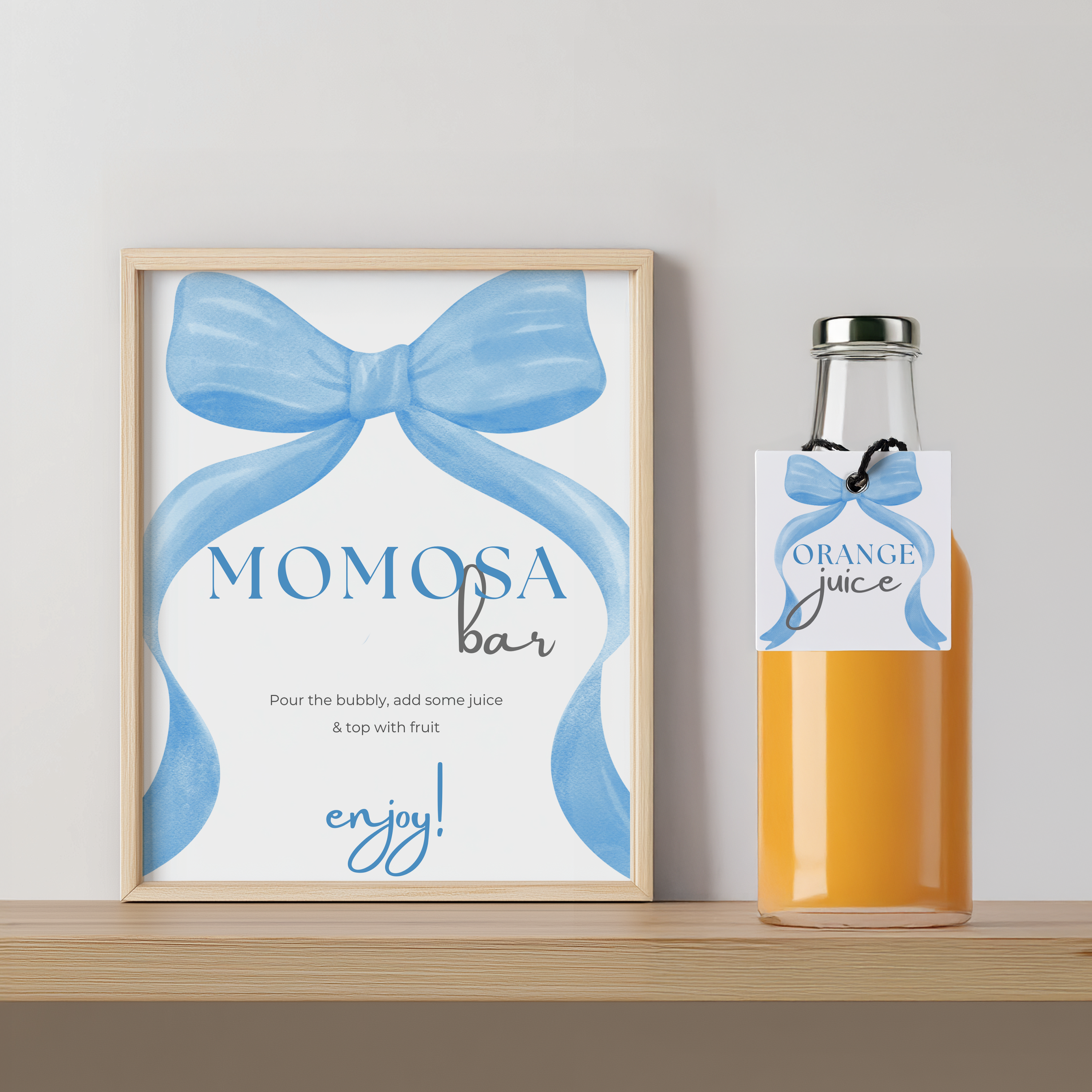 Blue Bow Mimosa Bar Sign, Momosa Bar Baby Shower Juice Tags 9304