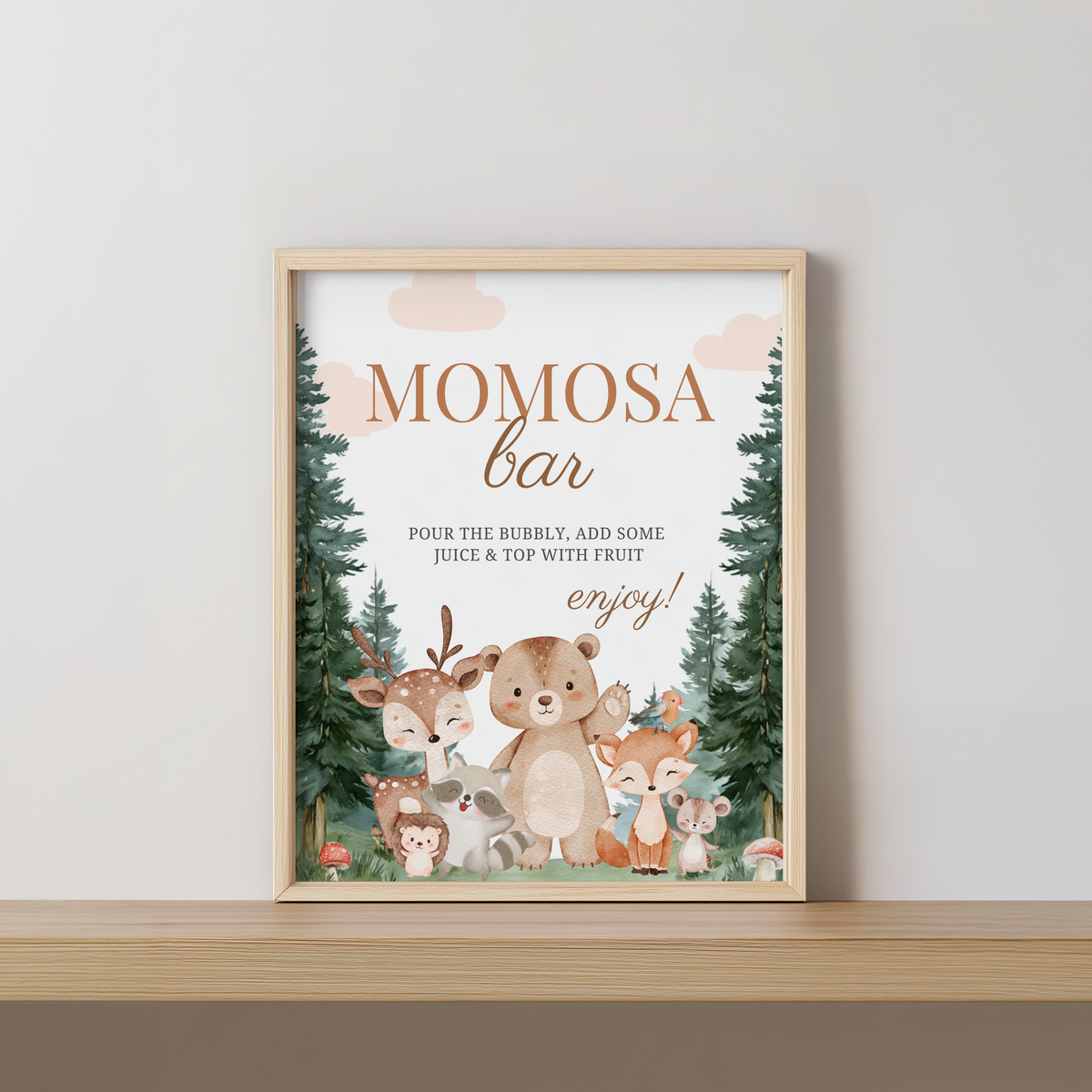 Woodland Mimosa Bar Sign, Woodland Momosa Bar Baby Shower Juice Tags
