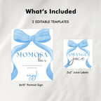Blue Bow Mimosa Bar Sign, Momosa Bar Baby Shower Juice Tags 9304
