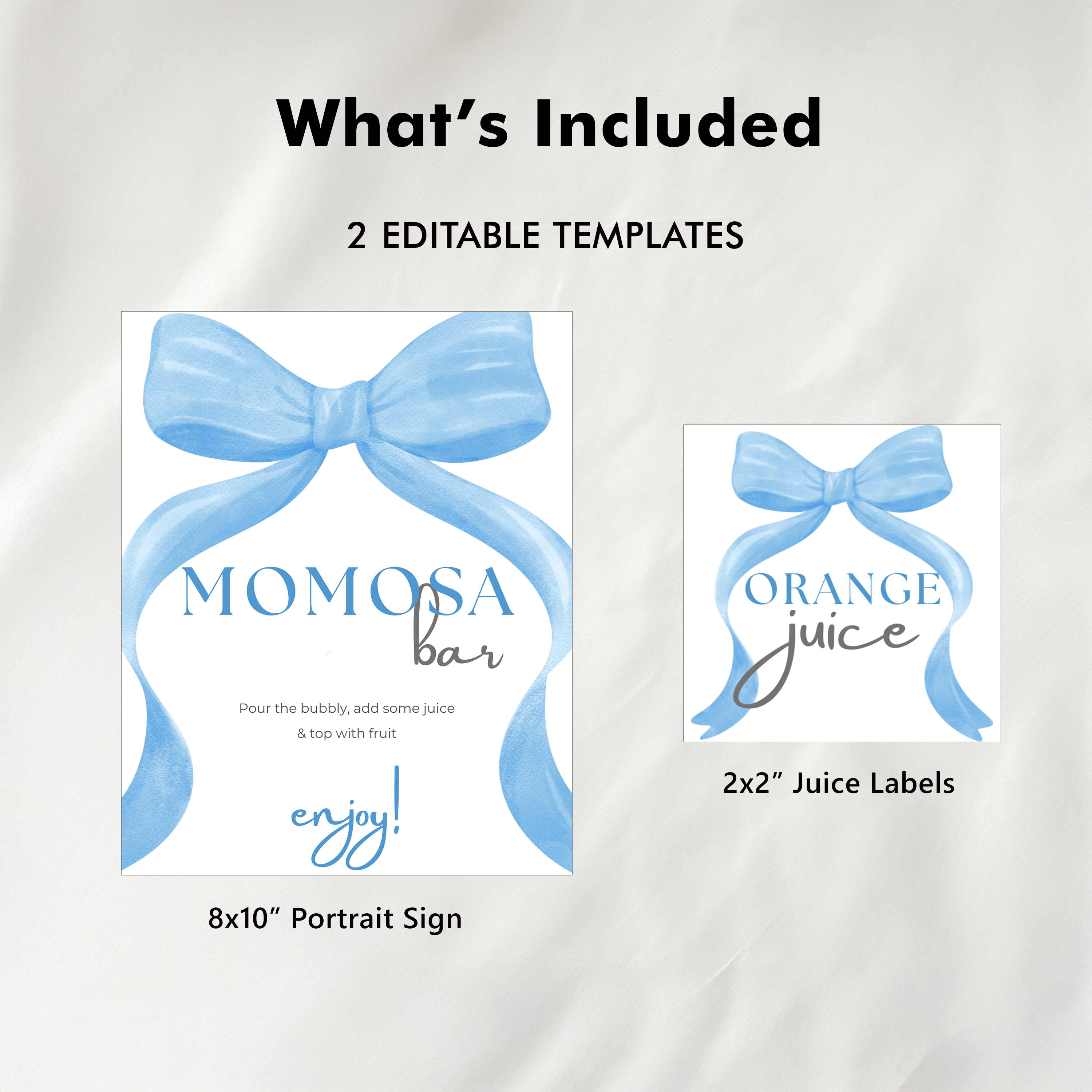 Blue Bow Mimosa Bar Sign, Momosa Bar Baby Shower Juice Tags 9304