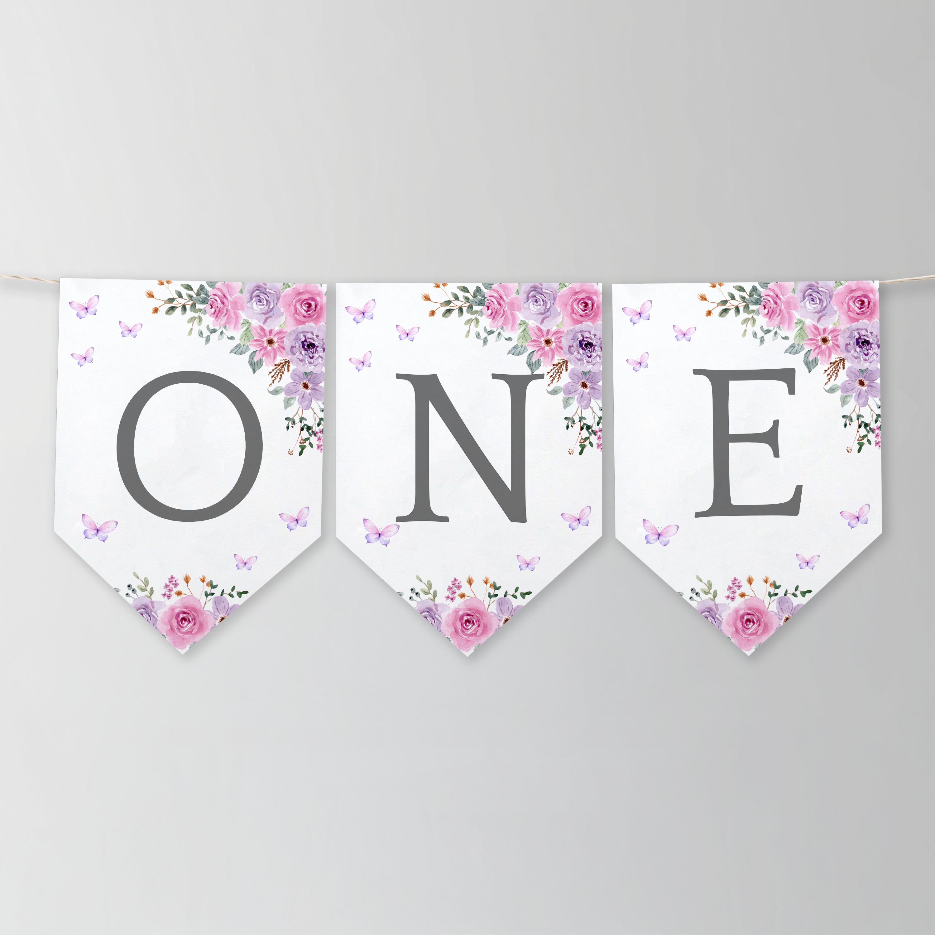 Butterfly High Chair Banner, Purple Flowers Printable Bunting Flag 9194