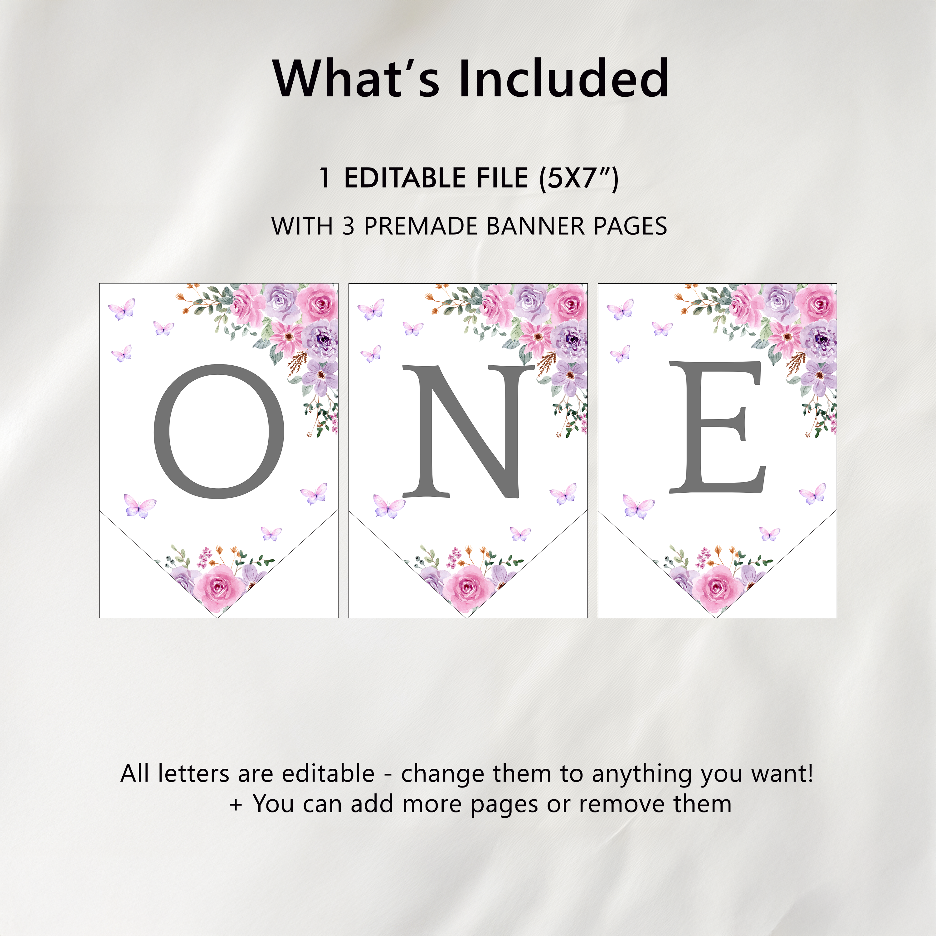 Butterfly High Chair Banner, Purple Flowers Printable Bunting Flag 9194