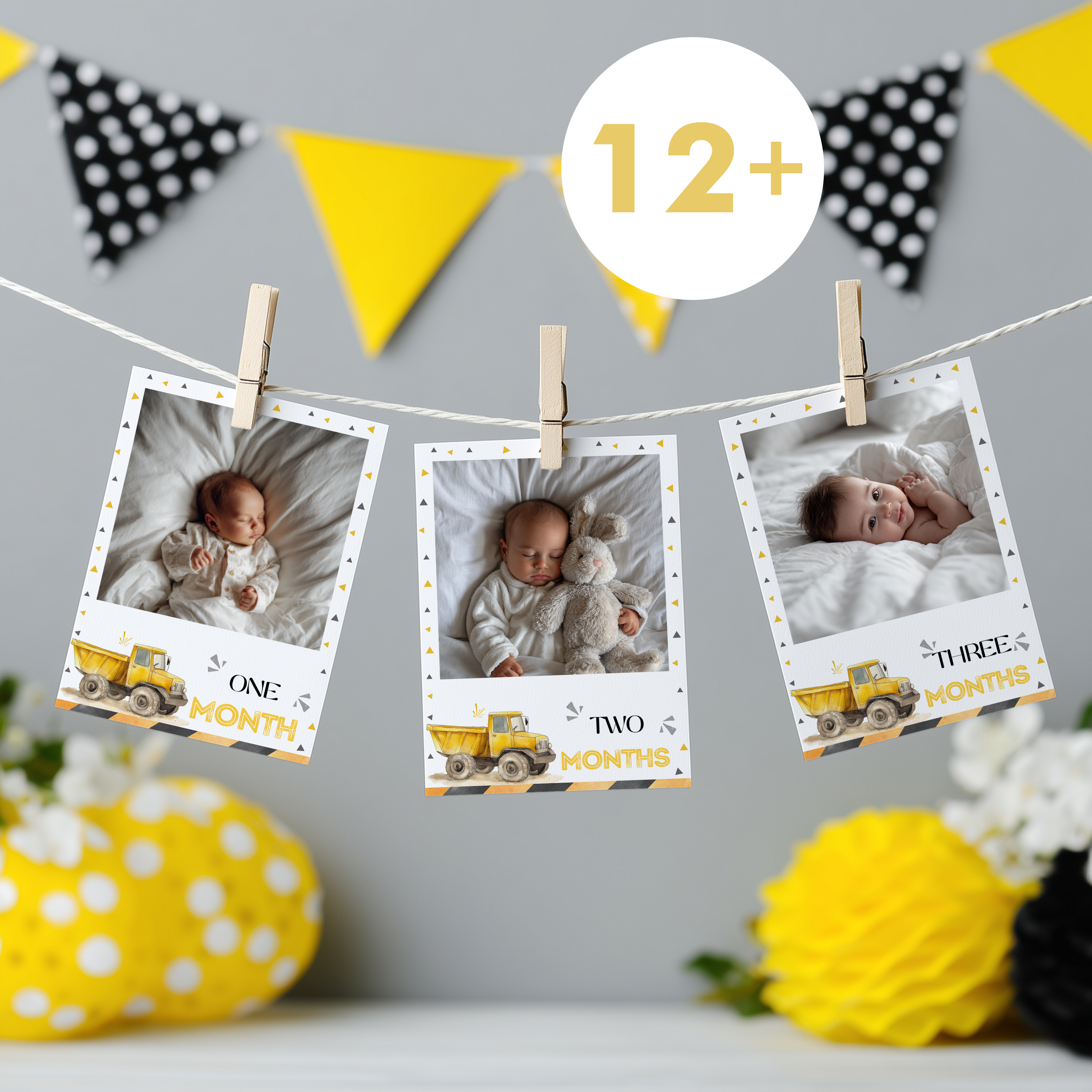 Construction First Year Photos, Yellow Tractors 1st Birthday Photos, Baby's First Year Month Photos, Monthly Photo Banner 9164