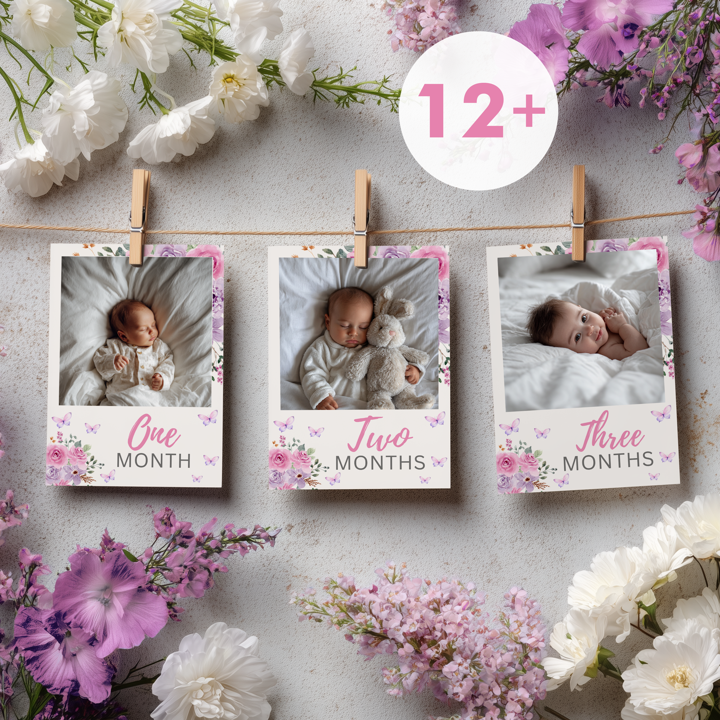Butterfly Year Photo, Purple Flowers Baby's 1st Year Month Photos 9194