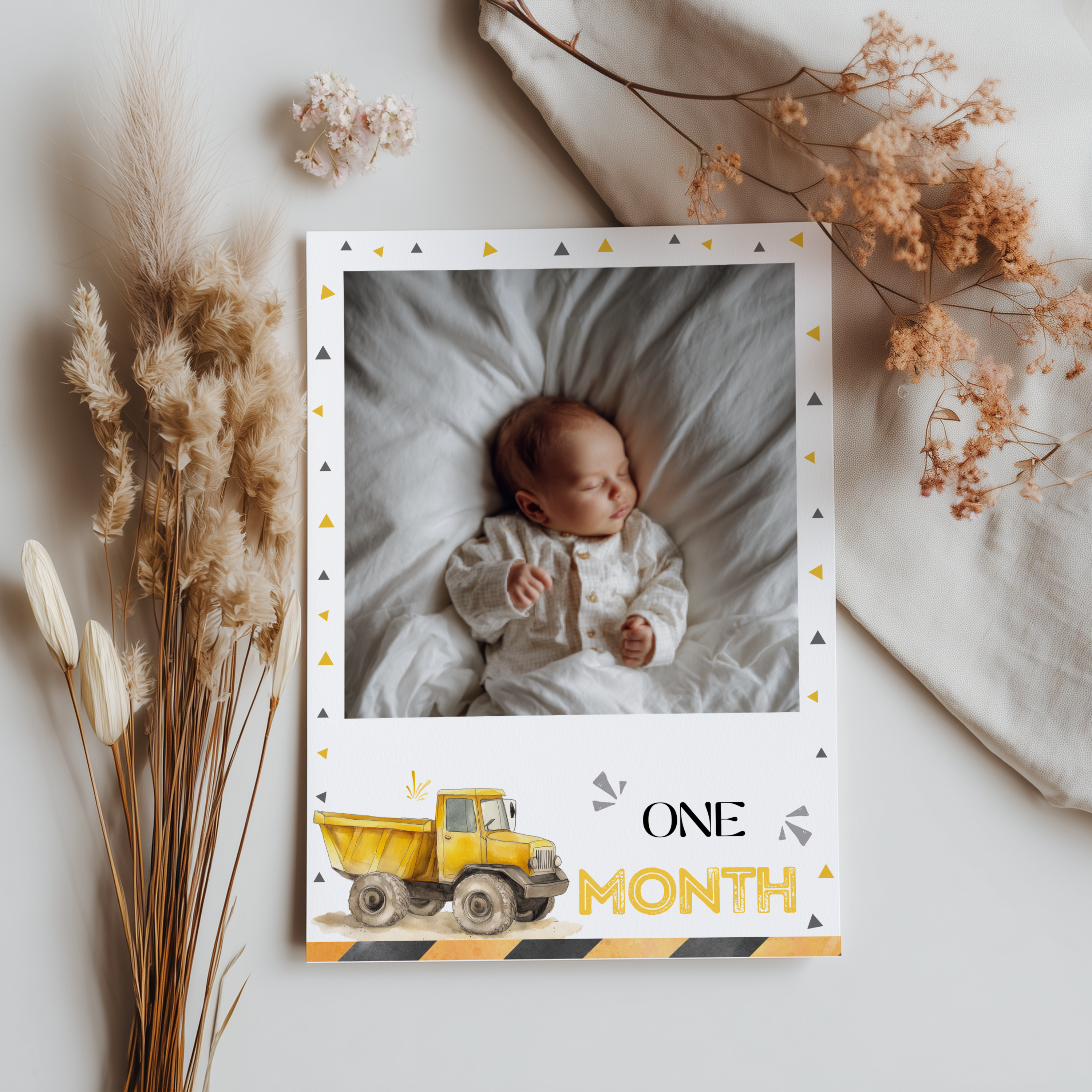 Construction First Year Photos, Yellow Tractors 1st Birthday Photos, Baby's First Year Month Photos, Monthly Photo Banner 9164
