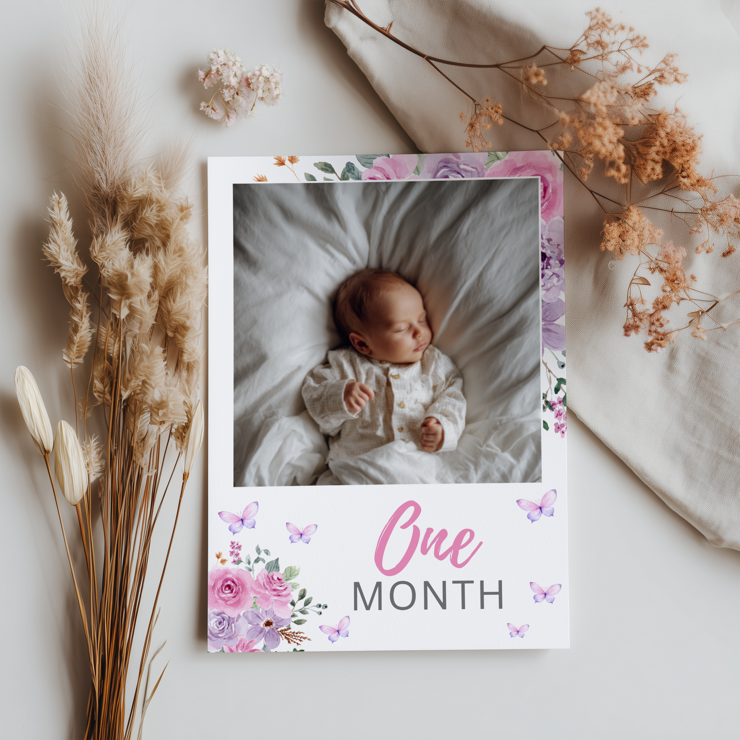 Butterfly Year Photo, Purple Flowers Baby's 1st Year Month Photos 9194