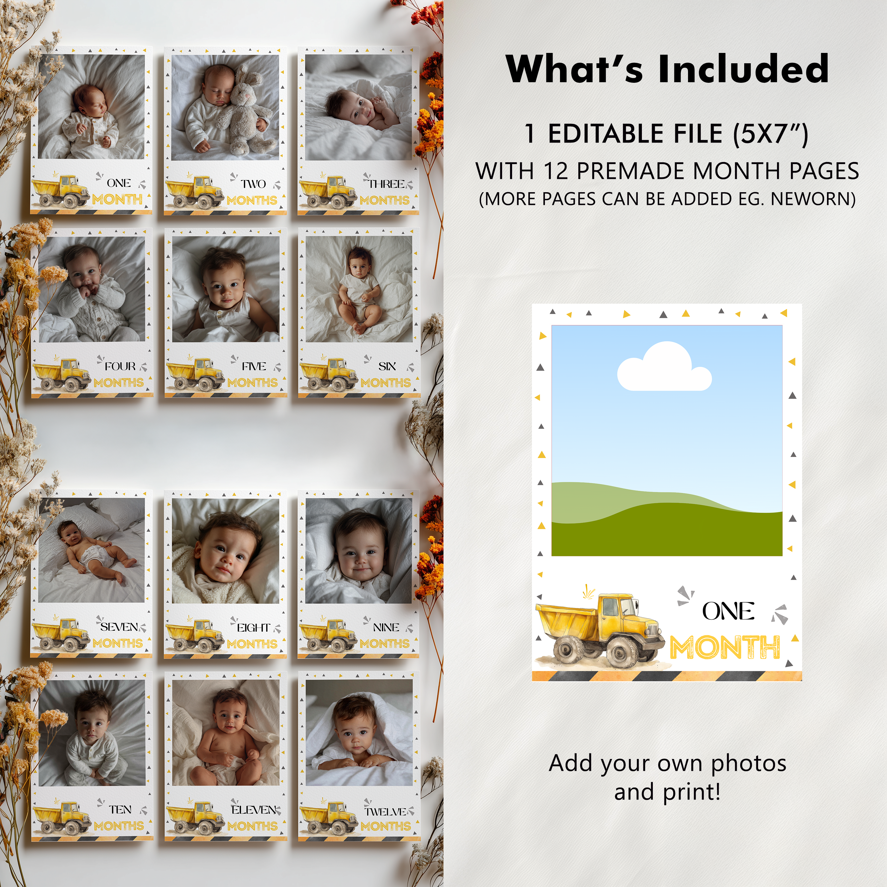 Construction First Year Photos, Yellow Tractors 1st Birthday Photos, Baby's First Year Month Photos, Monthly Photo Banner 9164