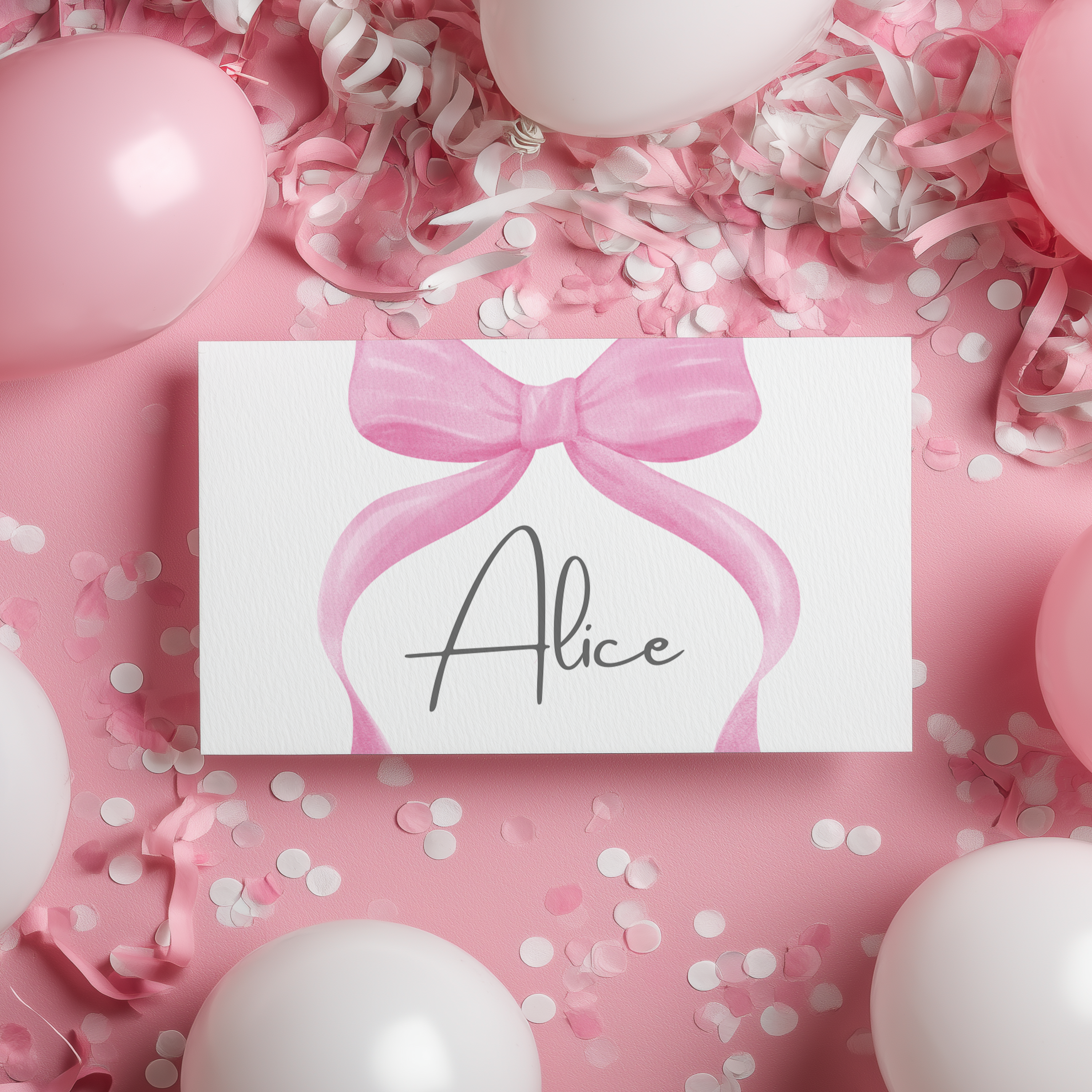 Pink Bow Place Card Template Printable, Baby Girl, Coquette Editable Place Cards 9303