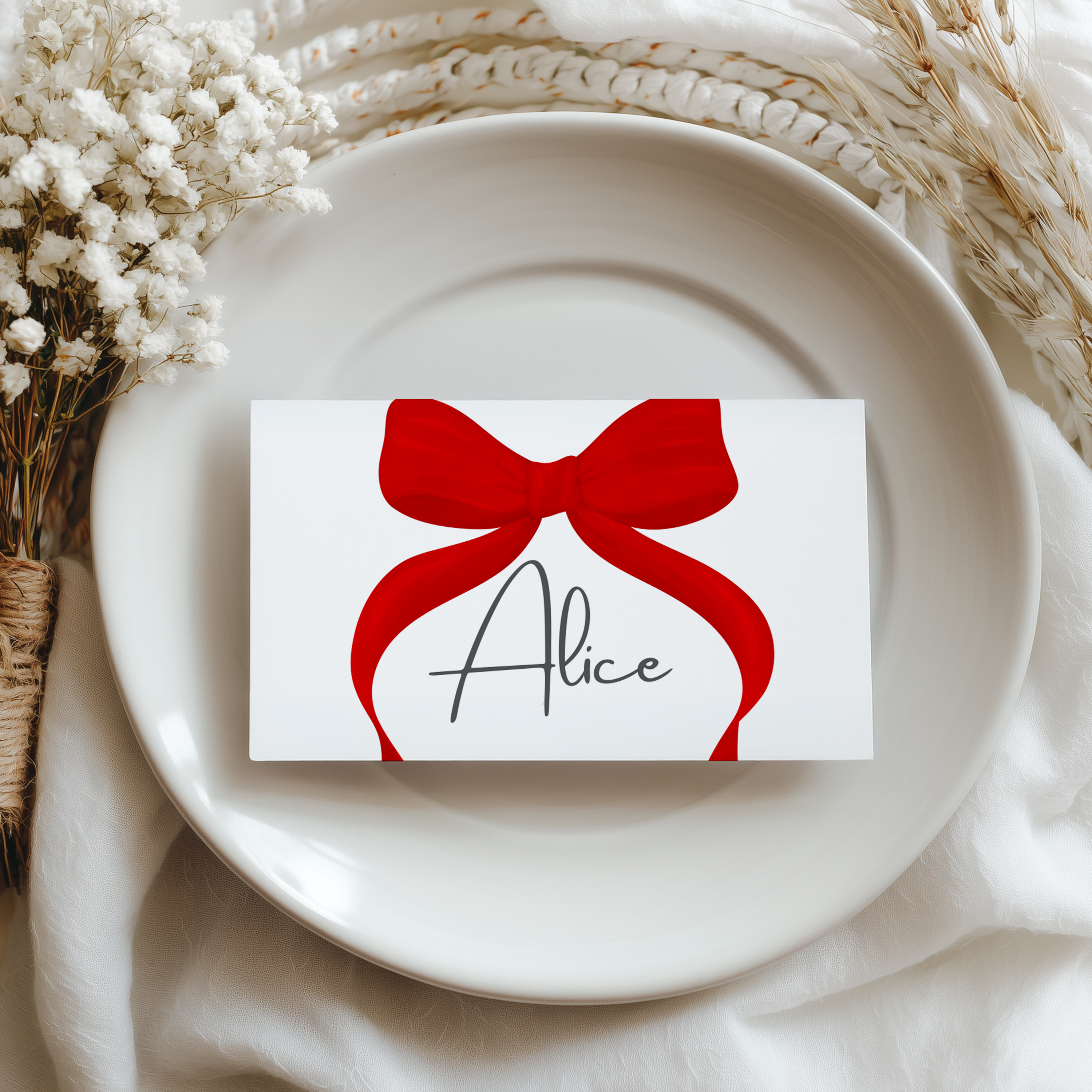 Red Bow Place Card Template Printable, Gender Neutral, Baby Shower Editable Place Cards 9301