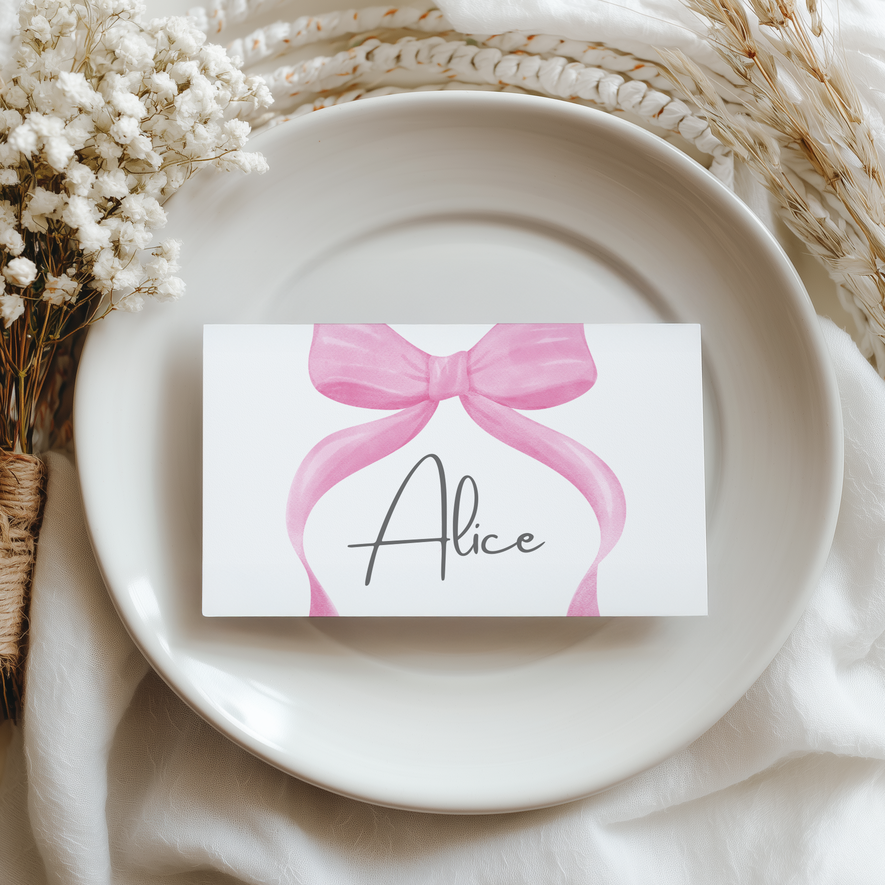 Pink Bow Place Card Template Printable, Baby Girl, Coquette Editable Place Cards 9303