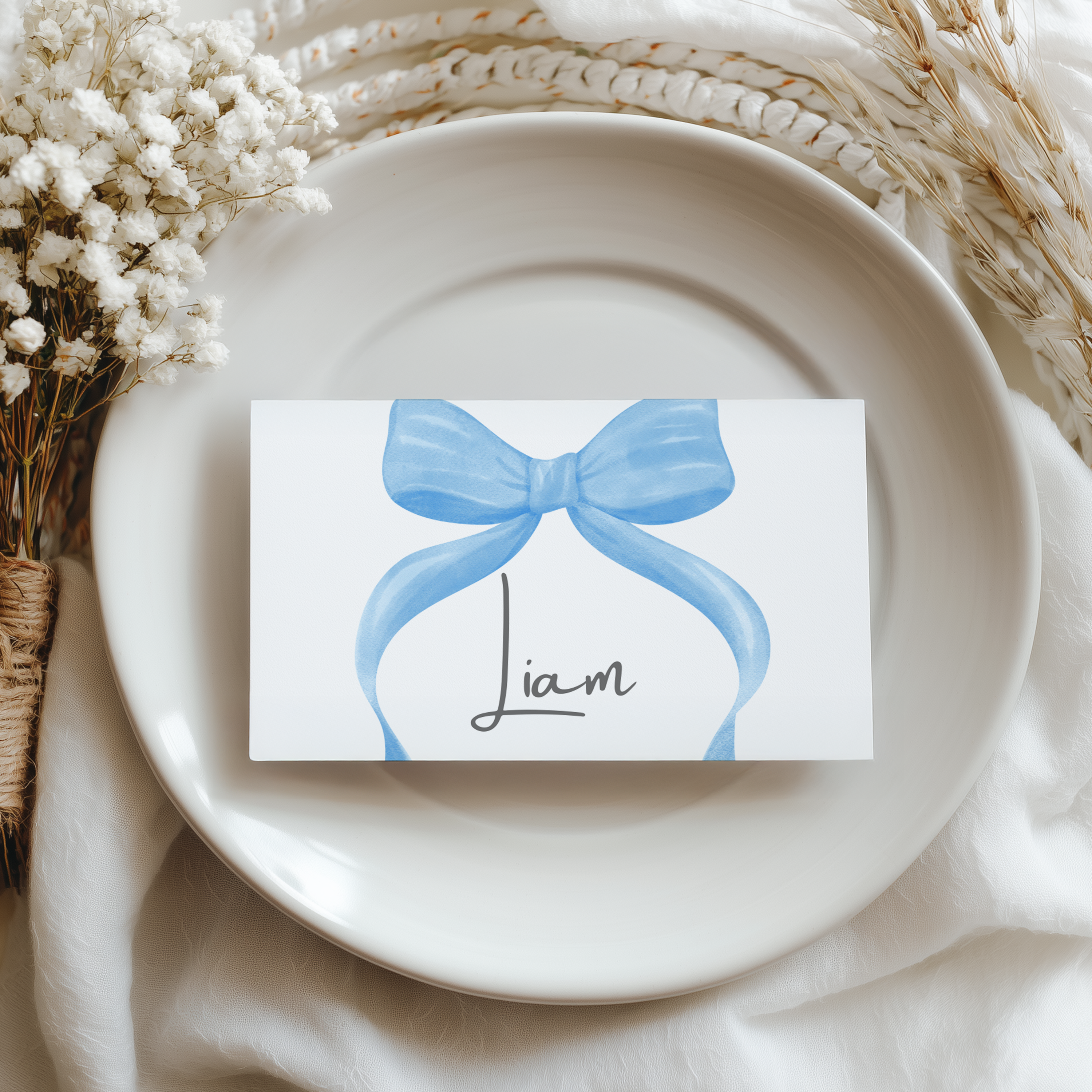 Blue Bow Place Card Template Printable, Editable Place Cards 9304