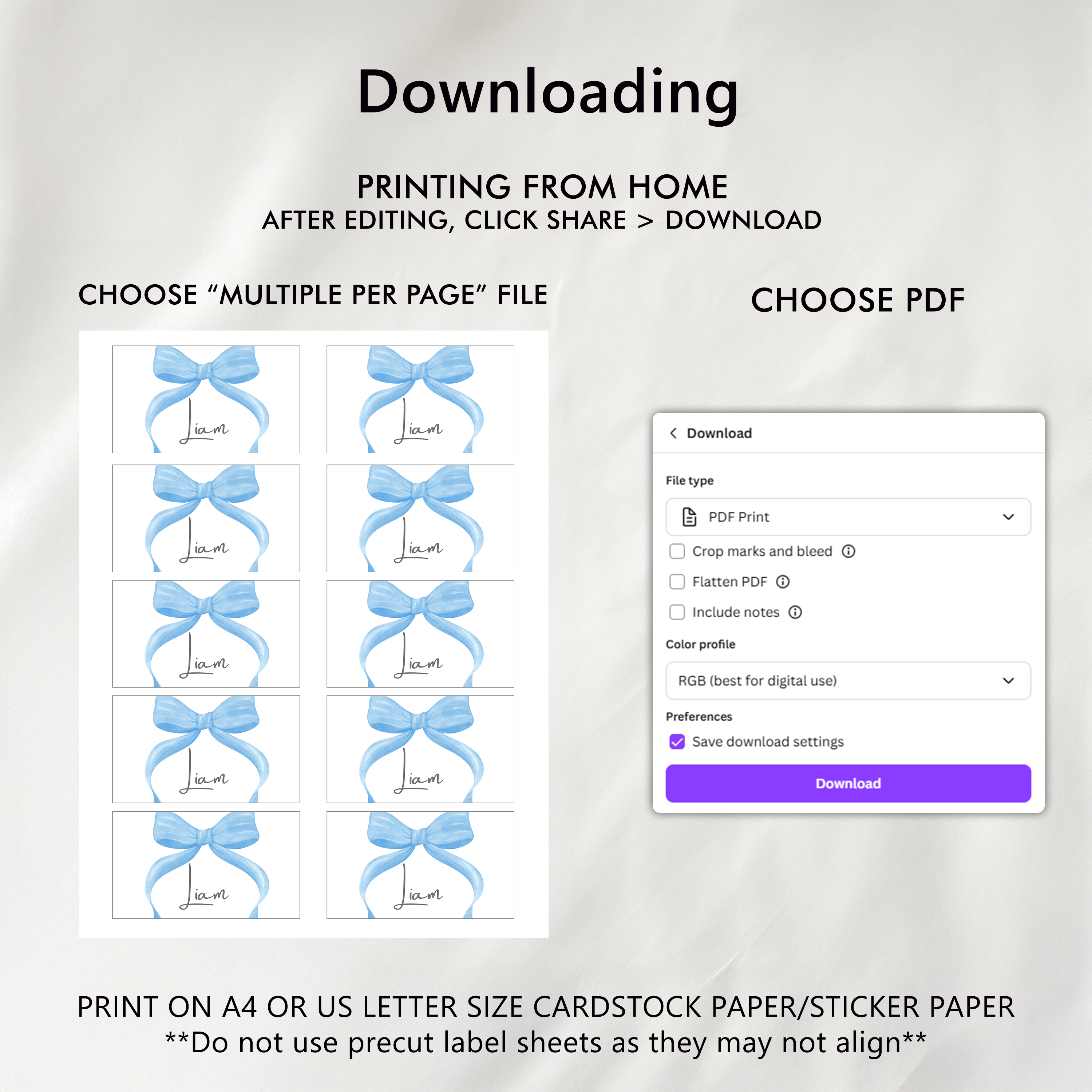 Blue Bow Place Card Template Printable, Editable Place Cards 9304