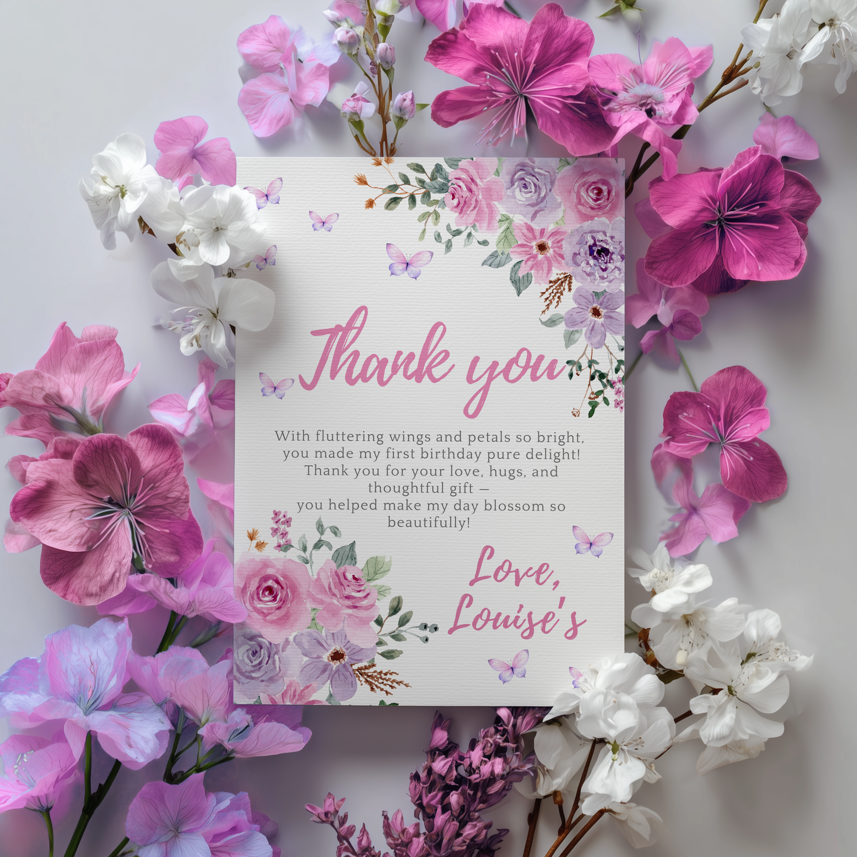 Butterfly 1st birthday Thank You Card Template, Purple Flowers Printable Thanks Card 9194