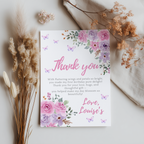 Butterfly 1st birthday Thank You Card Template, Purple Flowers Printable Thanks Card 9194