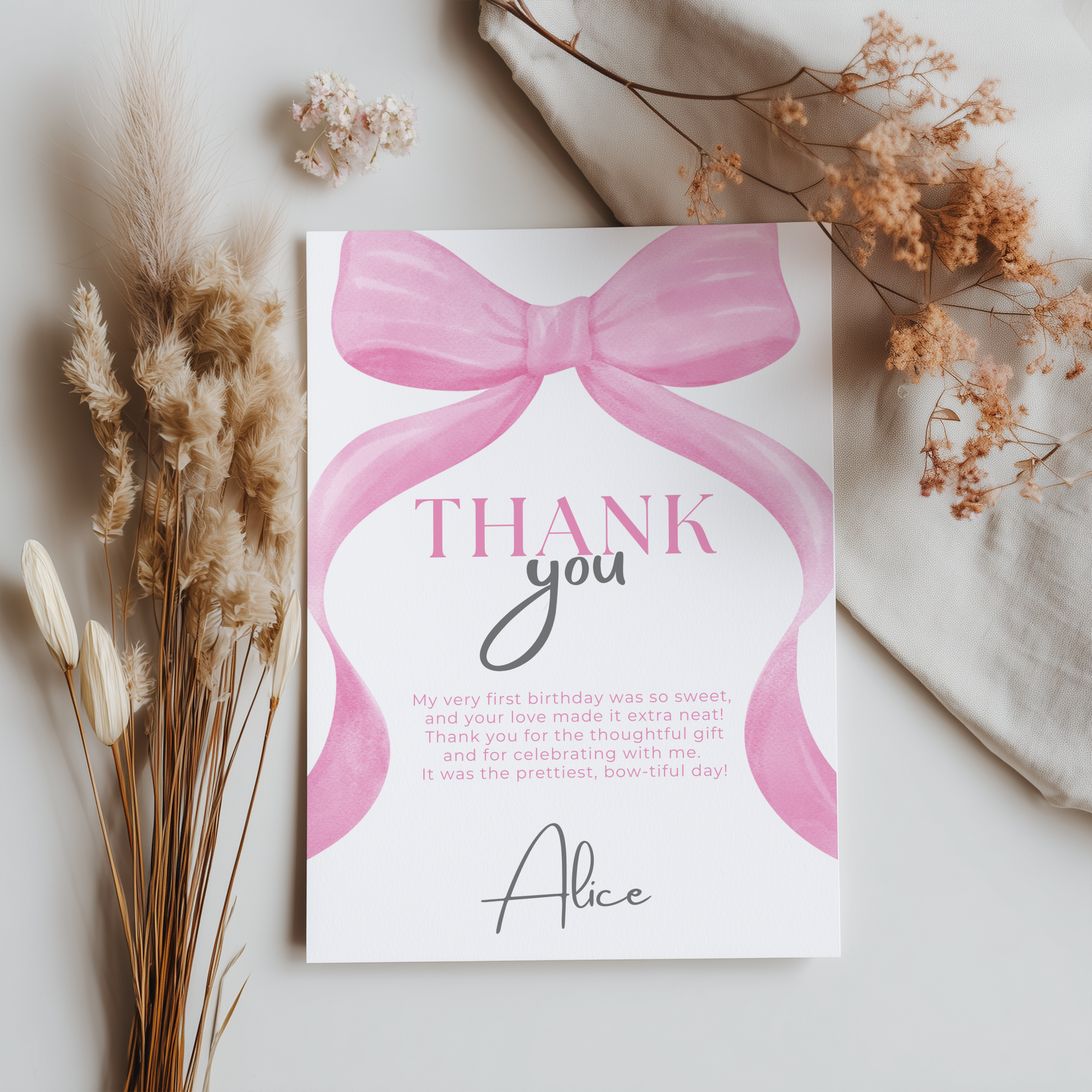Pink Bow Editable Birthday Thank you card, Pink Bow Thank you card, 1st Birthday Thank you Card Pink Bow, Instant Download 9156