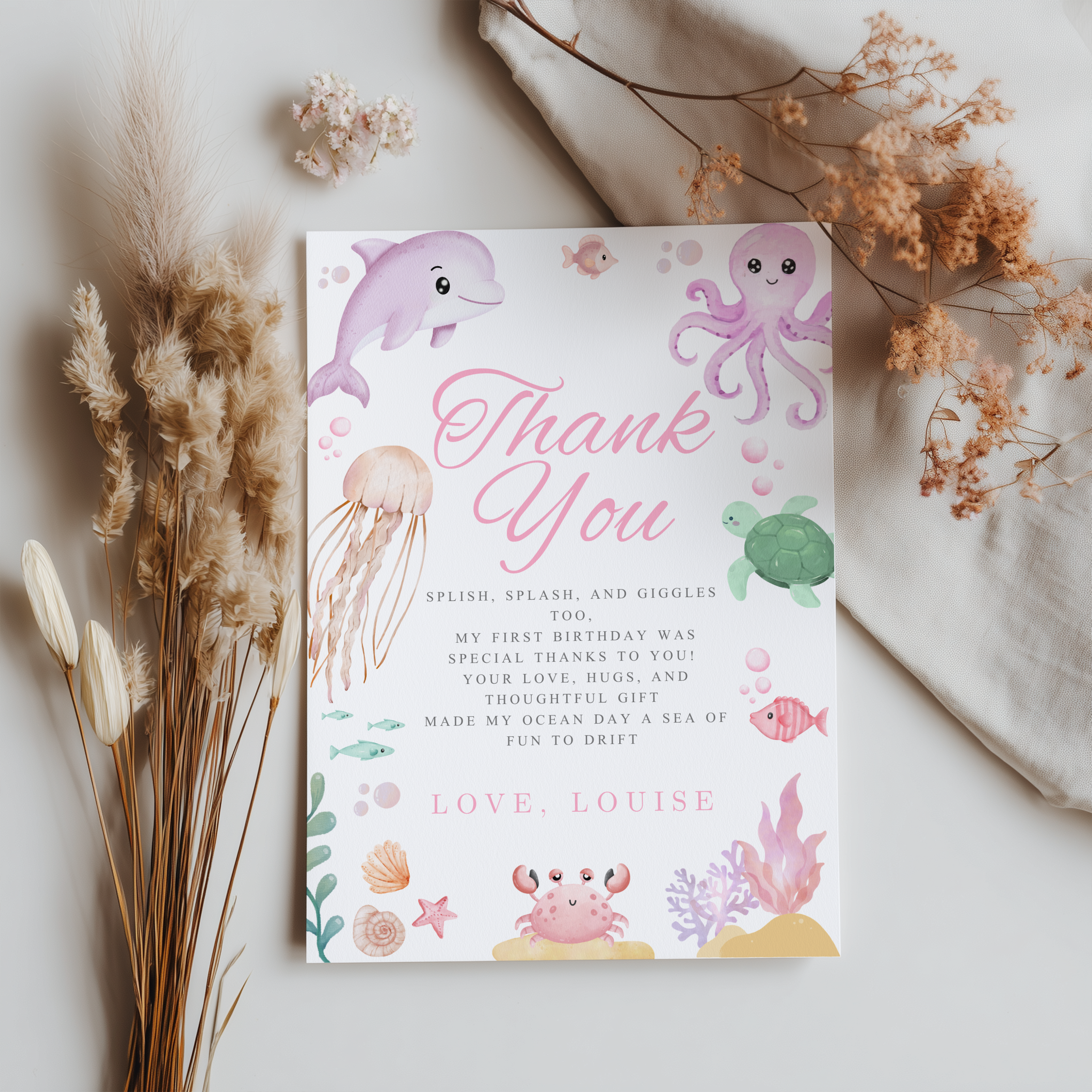Oneder the sea Thank You Cards Template, Under the sea Pink Printable Thanks Card 9180