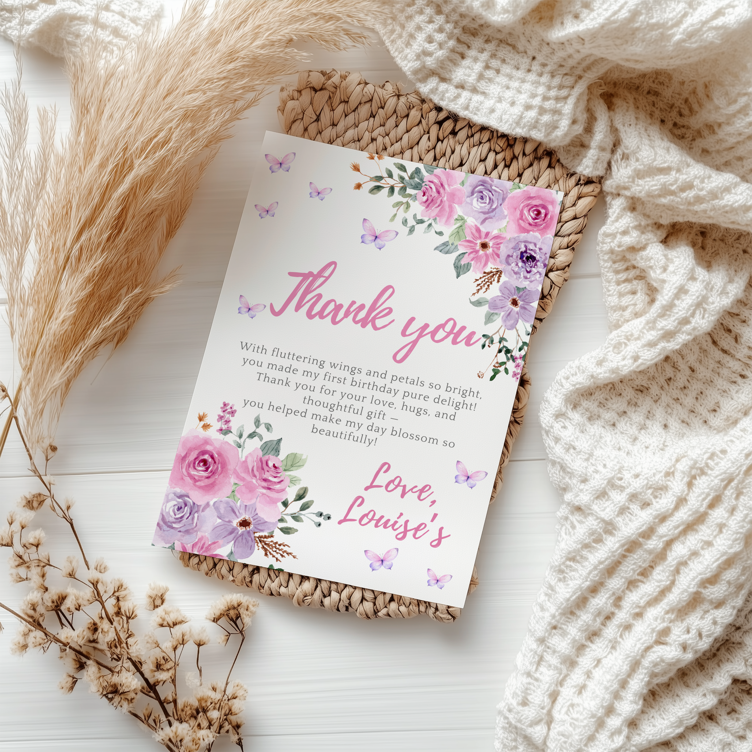 Butterfly 1st birthday Thank You Card Template, Purple Flowers Printable Thanks Card 9194