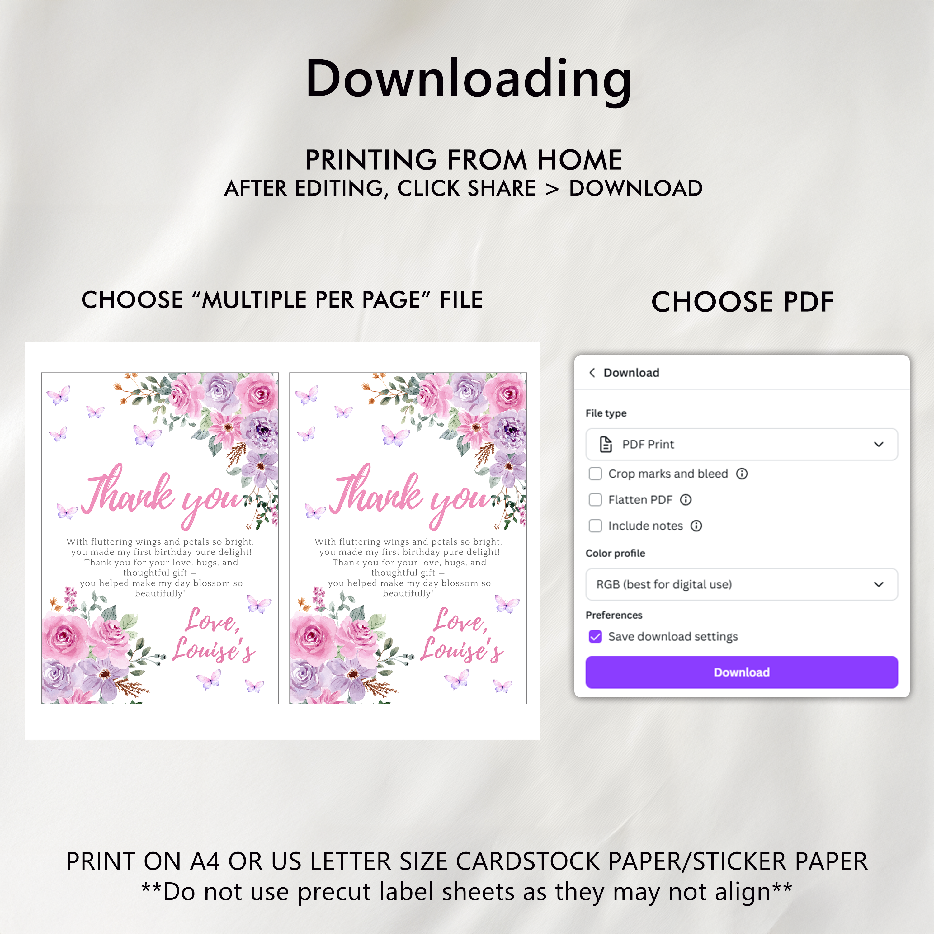 Butterfly 1st birthday Thank You Card Template, Purple Flowers Printable Thanks Card 9194