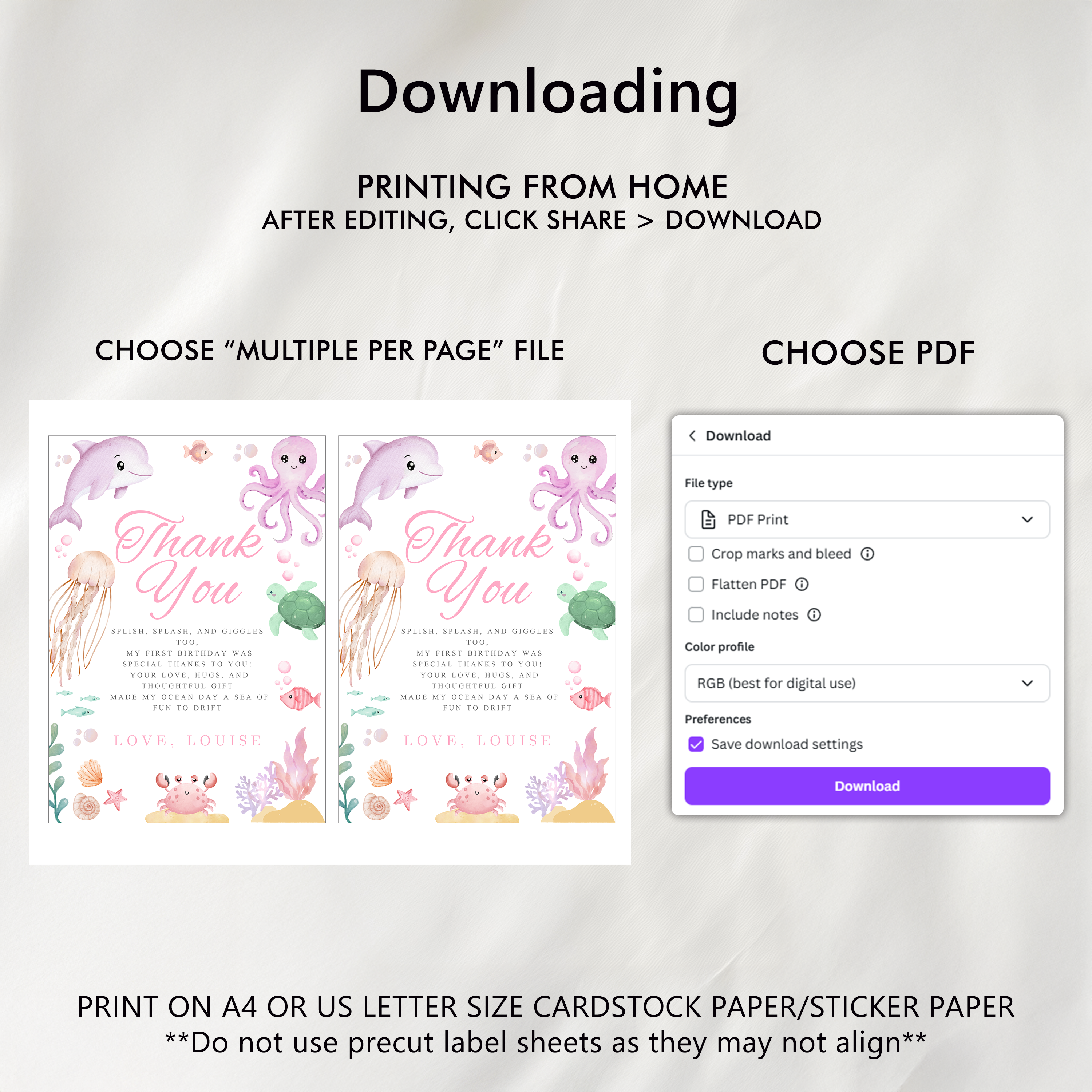 Oneder the sea Thank You Cards Template, Under the sea Pink Printable Thanks Card 9180