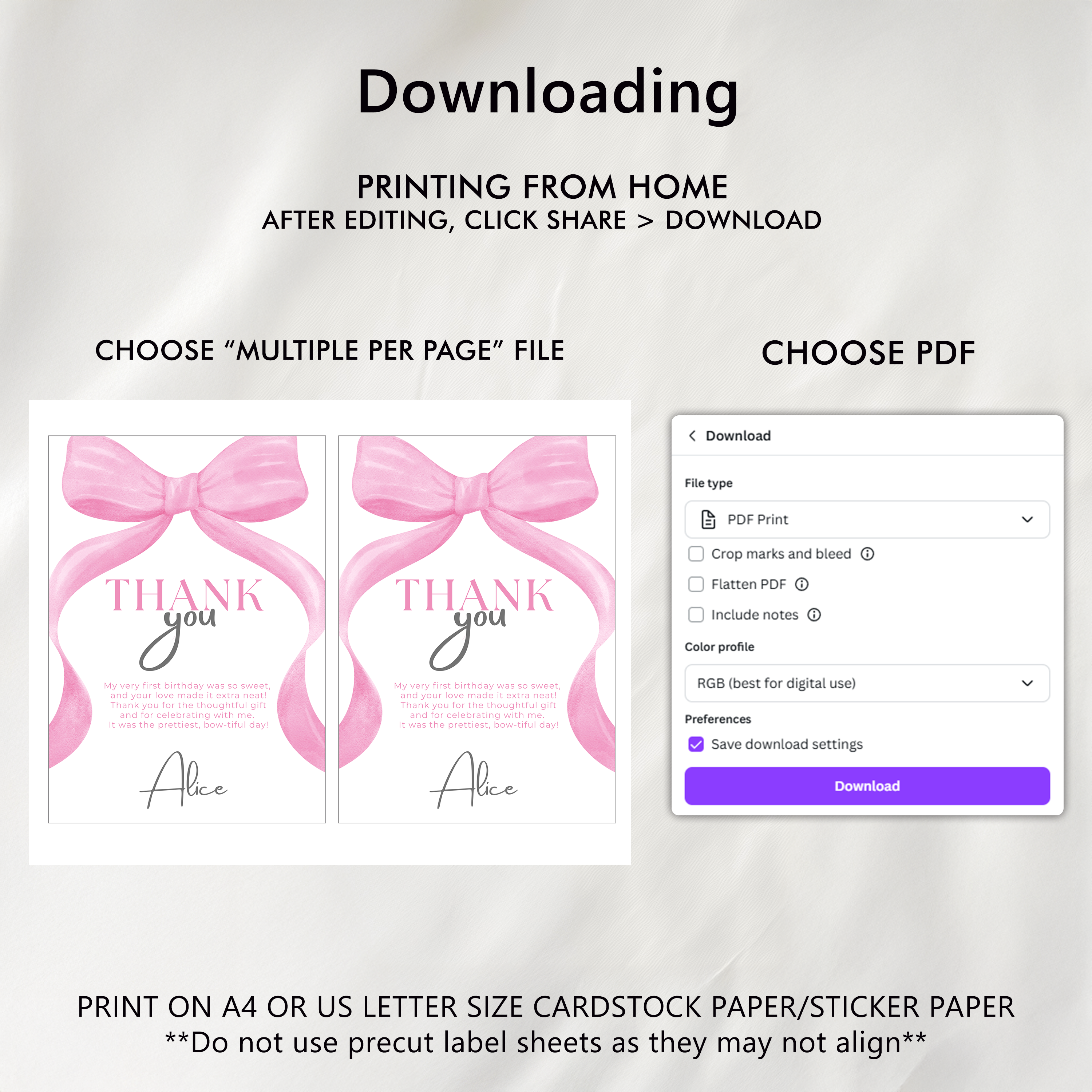 Pink Bow Editable Birthday Thank you card, Pink Bow Thank you card, 1st Birthday Thank you Card Pink Bow, Instant Download 9156