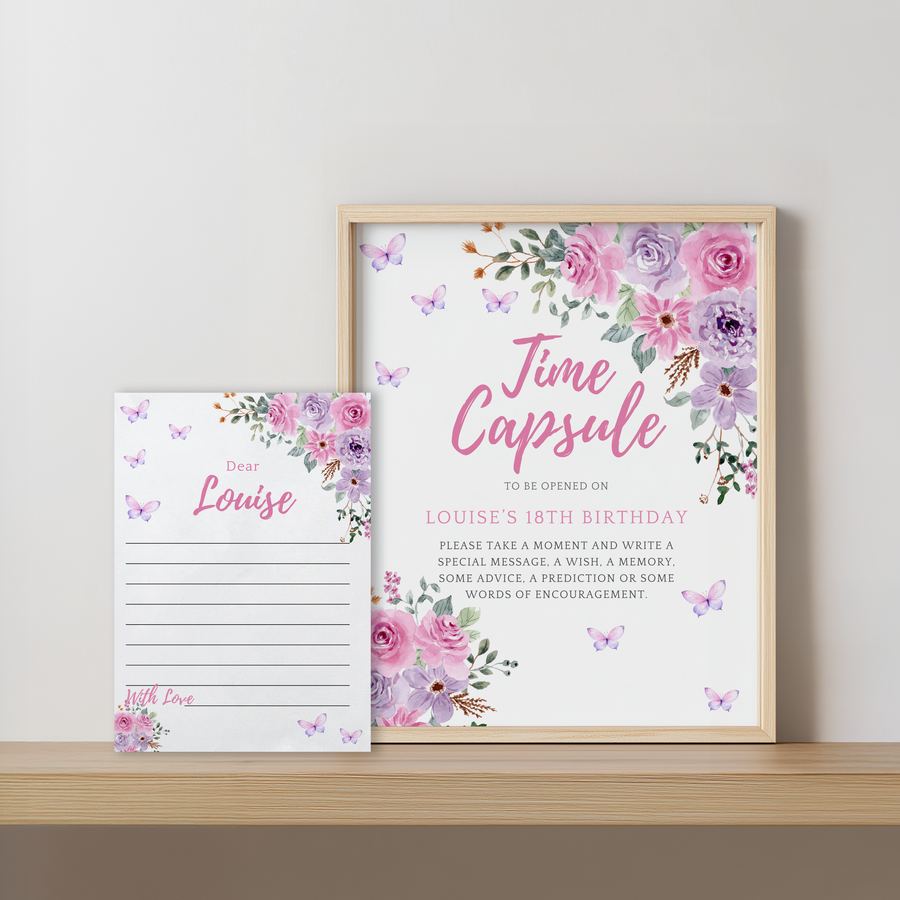 Butterfly Birthday Capsule Sign, Purple Flowers 1st Time Capsule 9194