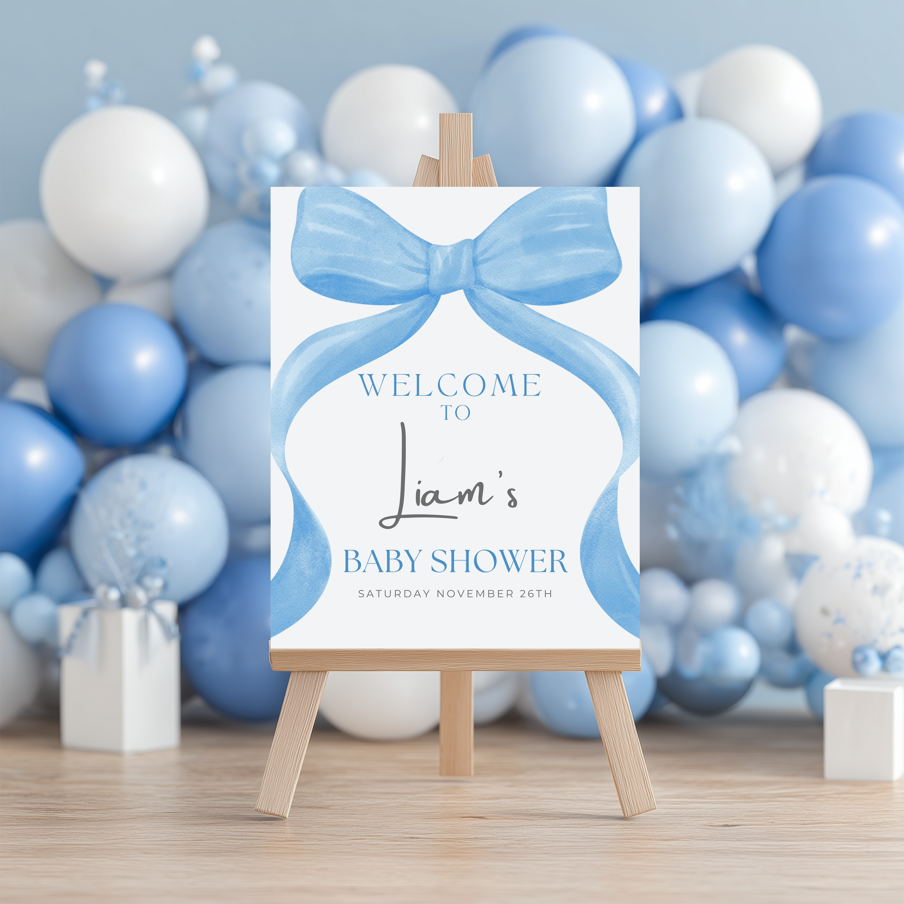 Blue Bow Baby Shower Welcome Sign, Template Party Signs 9304
