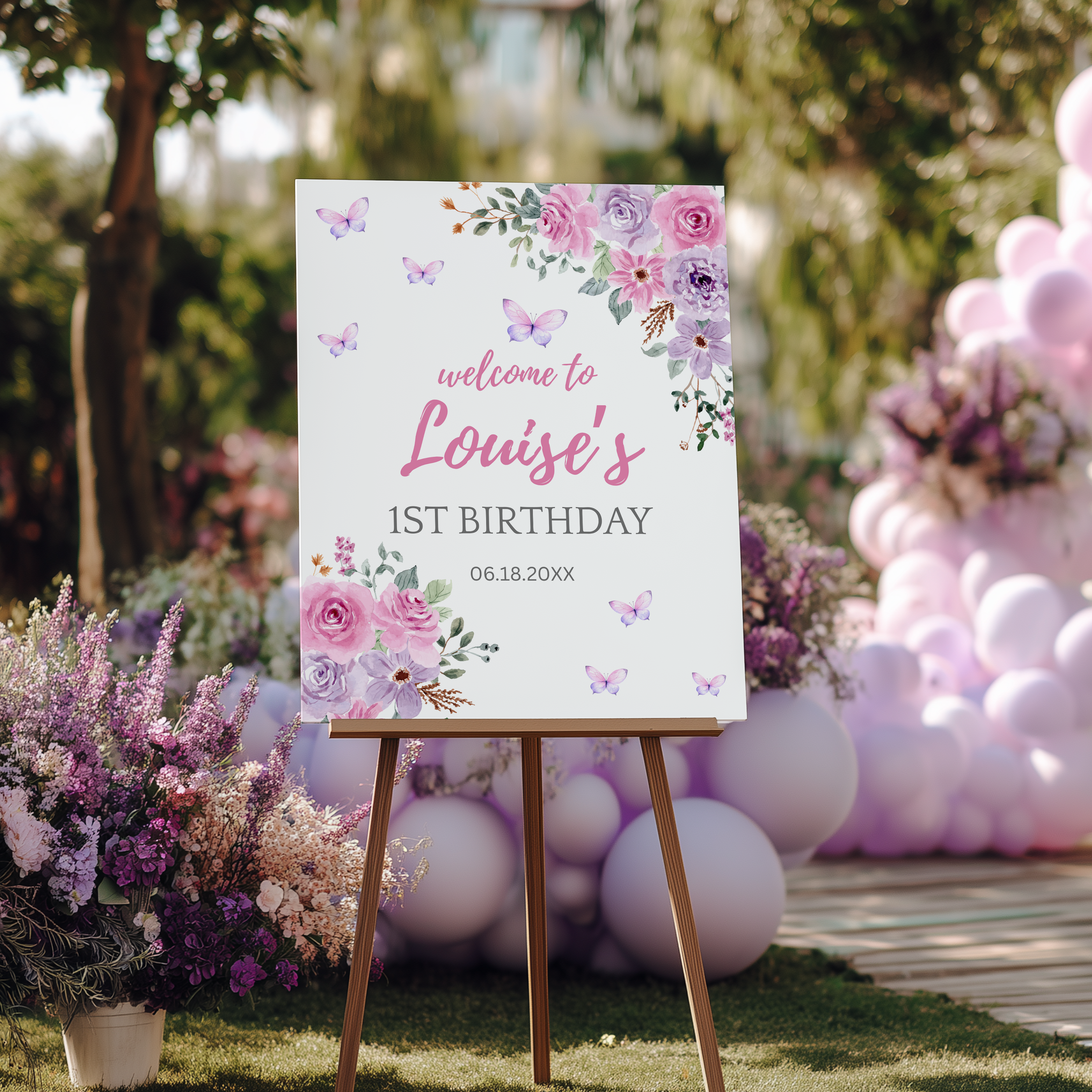 Butterfly Welcome Sign, Purple Flowers 1st Birthday Sign 9194