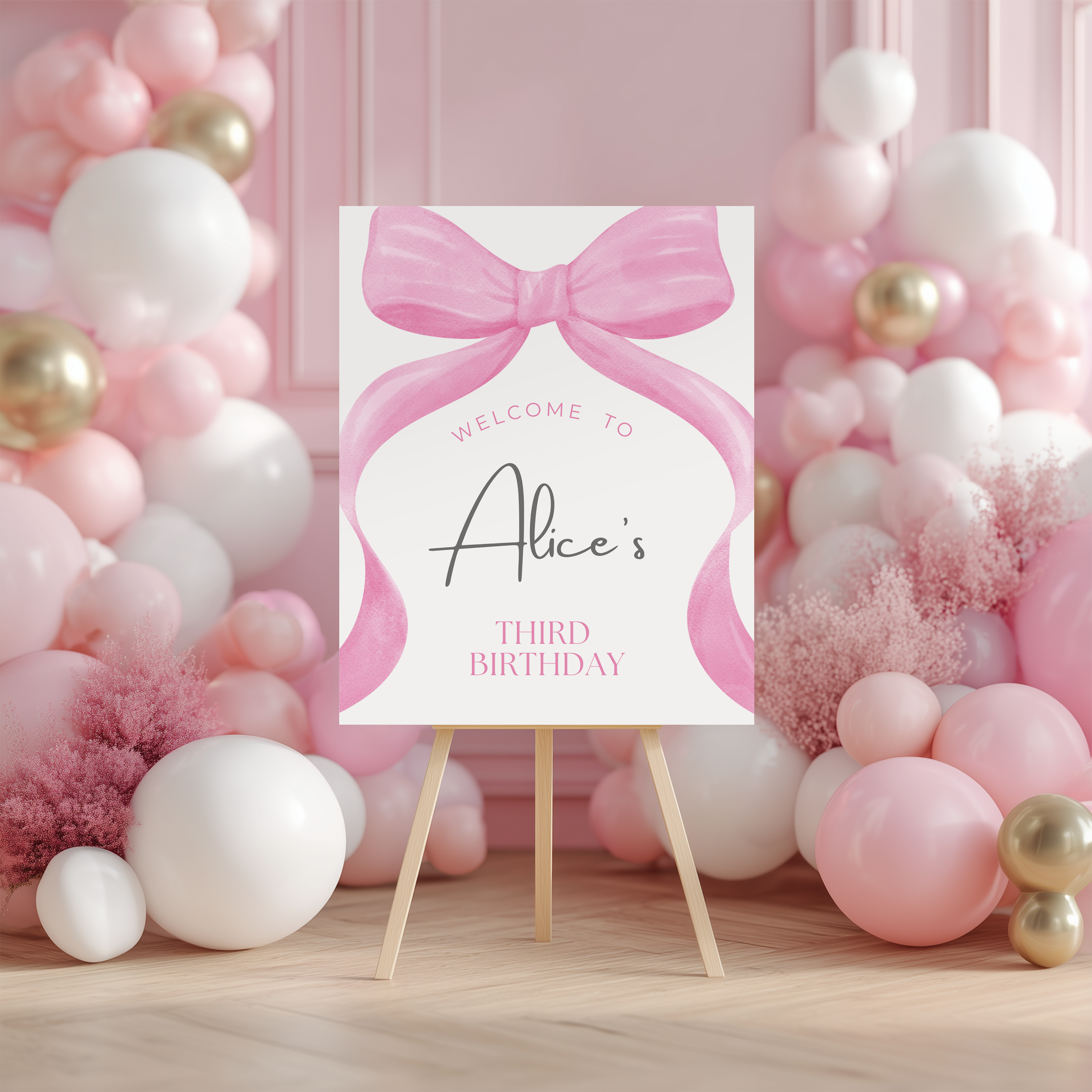 Pink Bow Birthday Welcome Sign,  Pink Bow Birthday sign, Editable Template, Coquette Theme Party decorations Instant download 9158