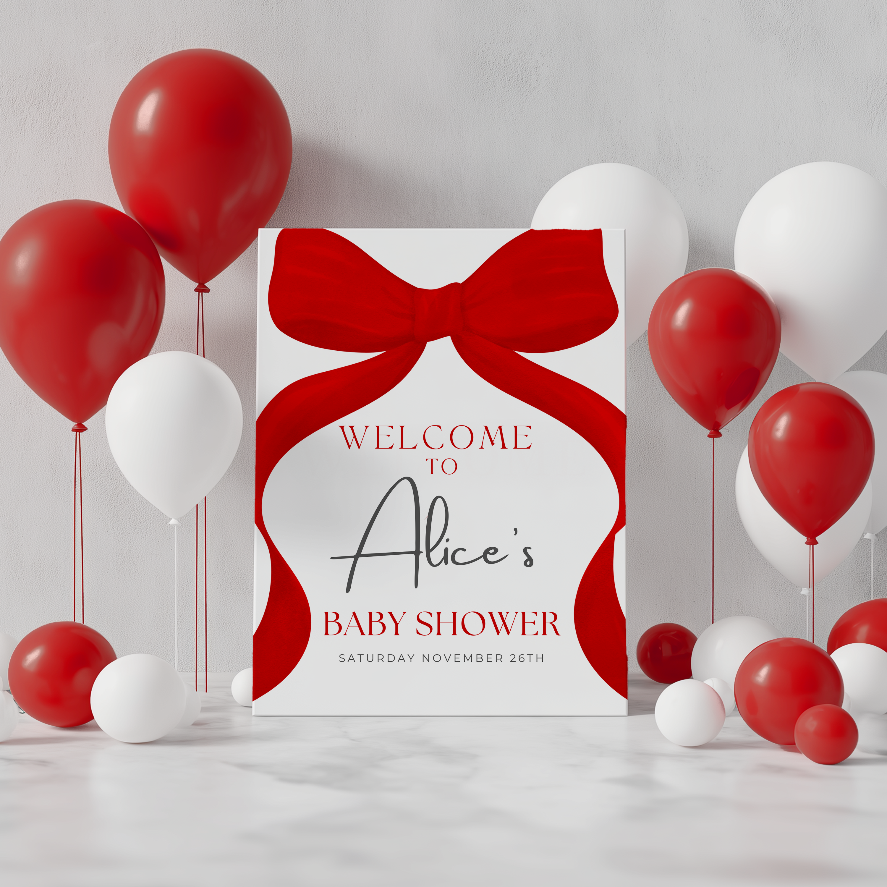 Red Bow Baby Shower Welcome Sign, Gender Neutral, Red Ribbon Template Party Signs 9301