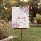 Butterfly Welcome Sign, Purple Flowers 1st Birthday Sign 9194