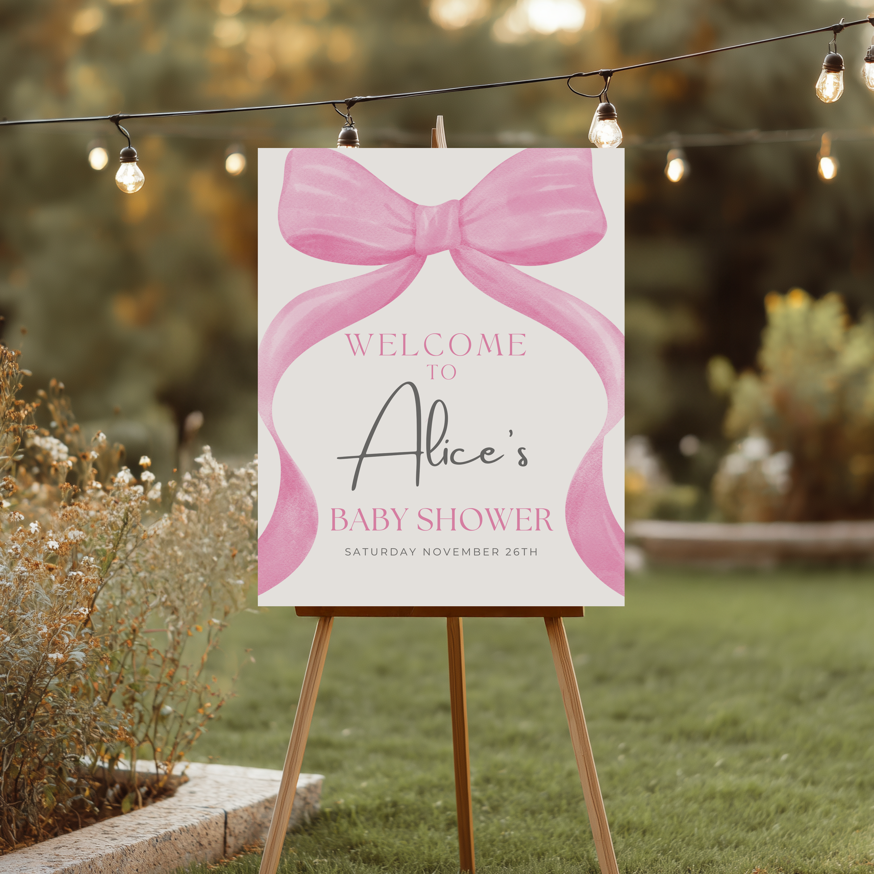 Pink Bow Baby Shower Welcome Sign, Coquette Baby Girl, Template Party Signs 9303