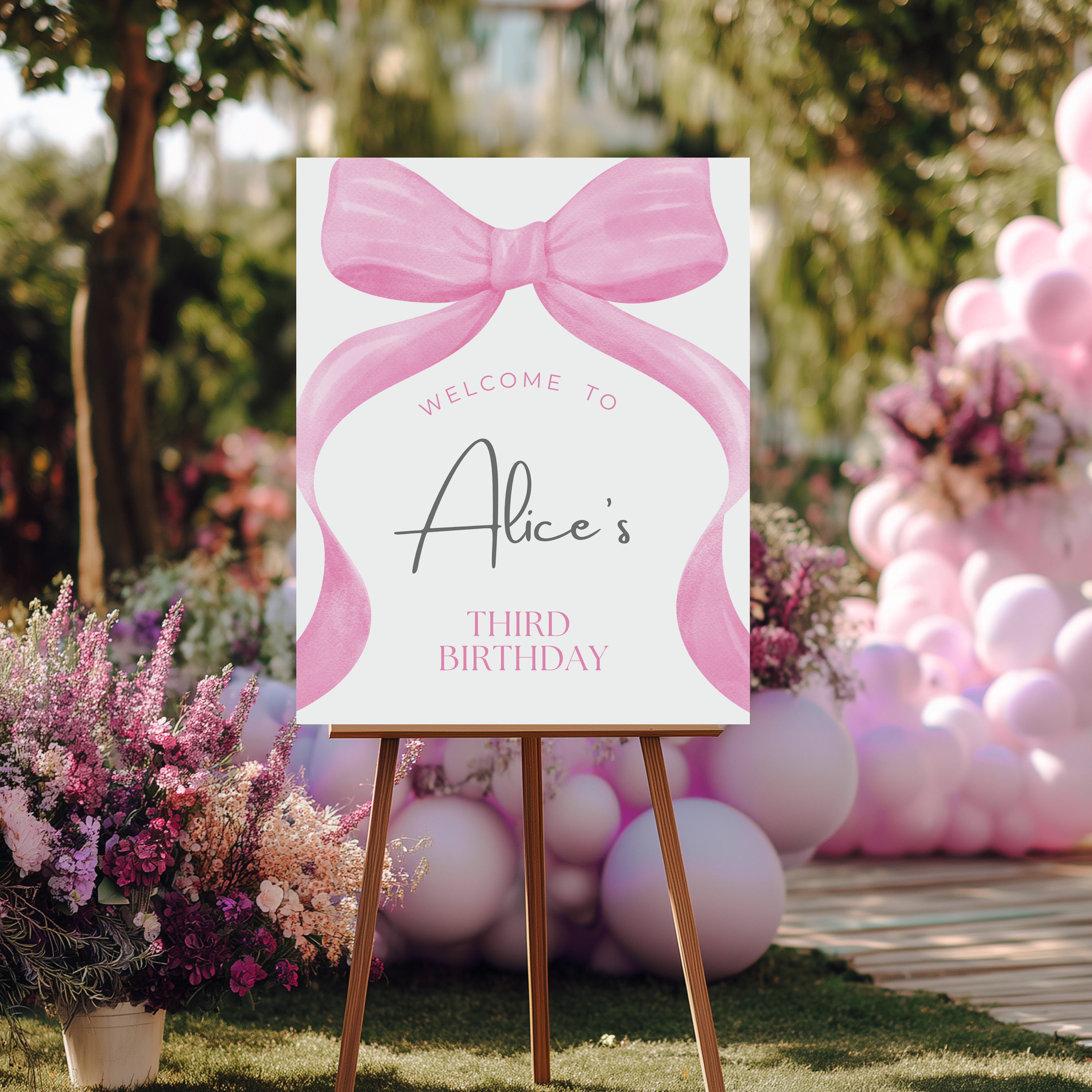 Pink Bow Birthday Welcome Sign,  Pink Bow Birthday sign, Editable Template, Coquette Theme Party decorations Instant download 9158