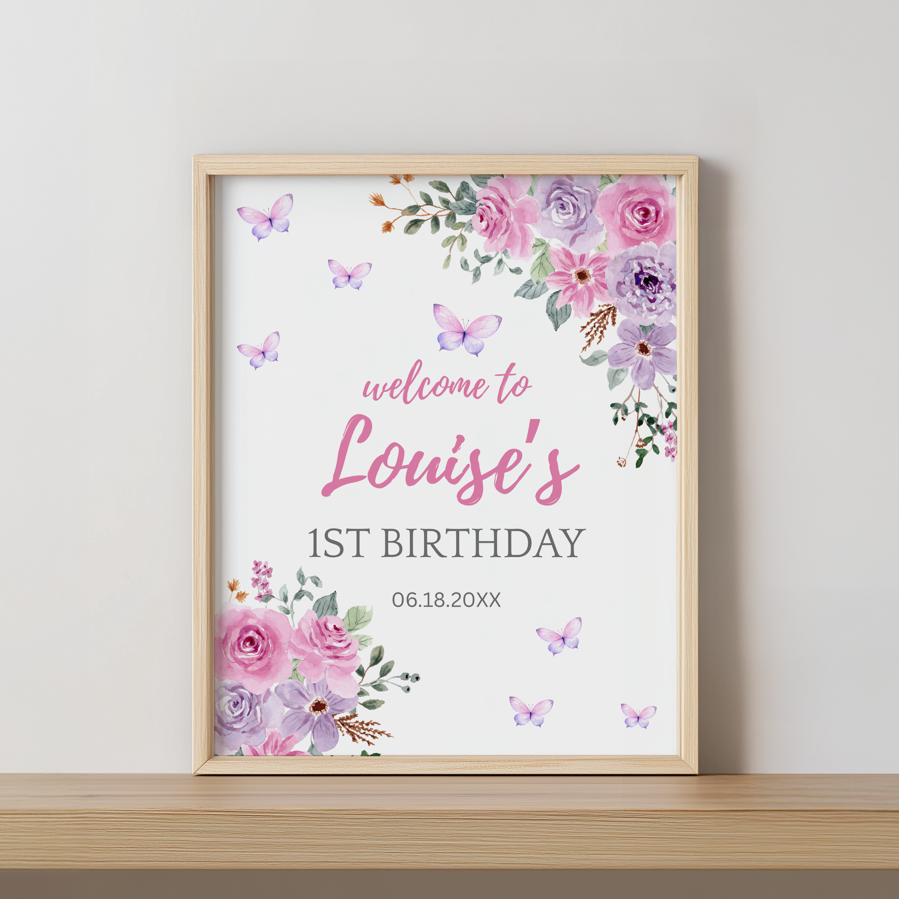 Butterfly Welcome Sign, Purple Flowers 1st Birthday Sign 9194