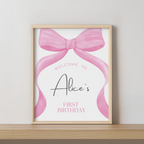 Pink Bow First Birthday Welcome Sign,  Pink Bow Birthday sign, Editable Template, Coquette Theme Party decorations, Instant download 9156