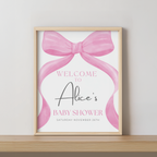Pink Bow Baby Shower Welcome Sign, Coquette Baby Girl, Template Party Signs 9303
