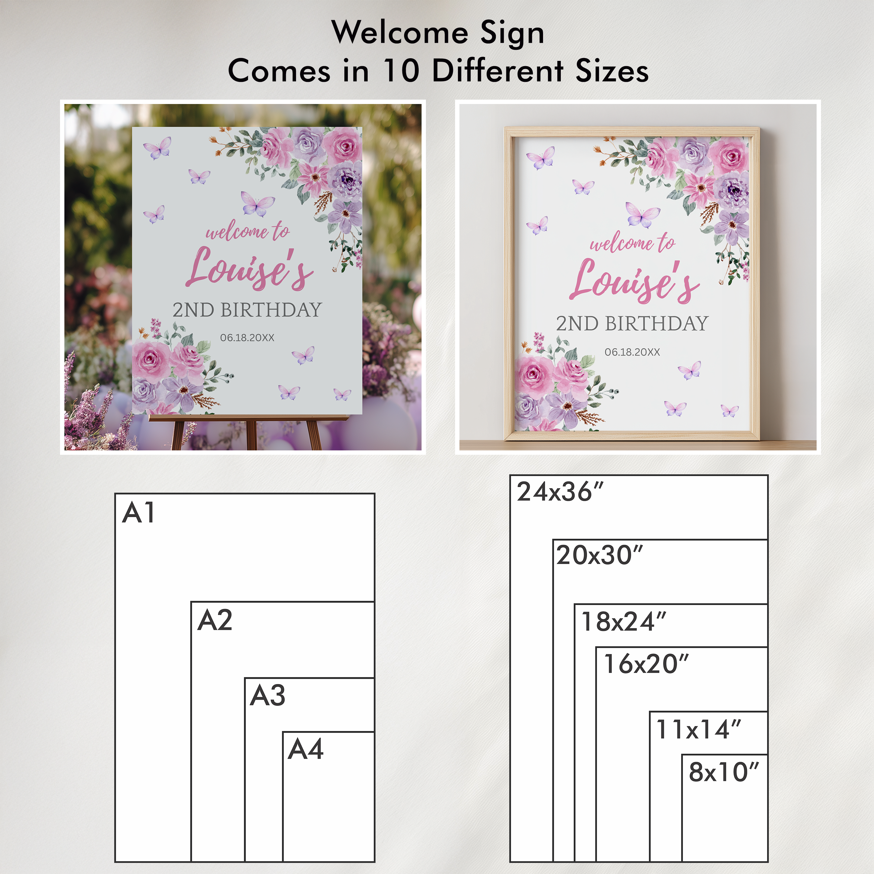 Wildflowers Butterfly Welcome Sign, Purple Flowers Birthday Sign 9195