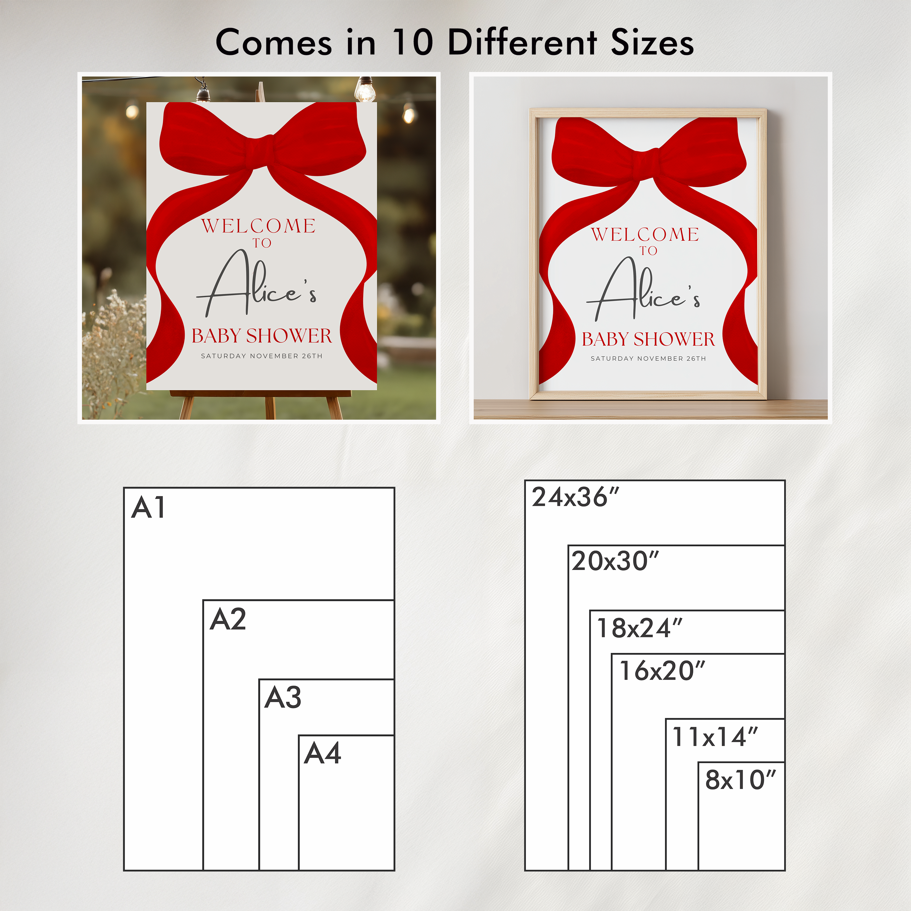 Red Bow Baby Shower Welcome Sign, Gender Neutral, Red Ribbon Template Party Signs 9301